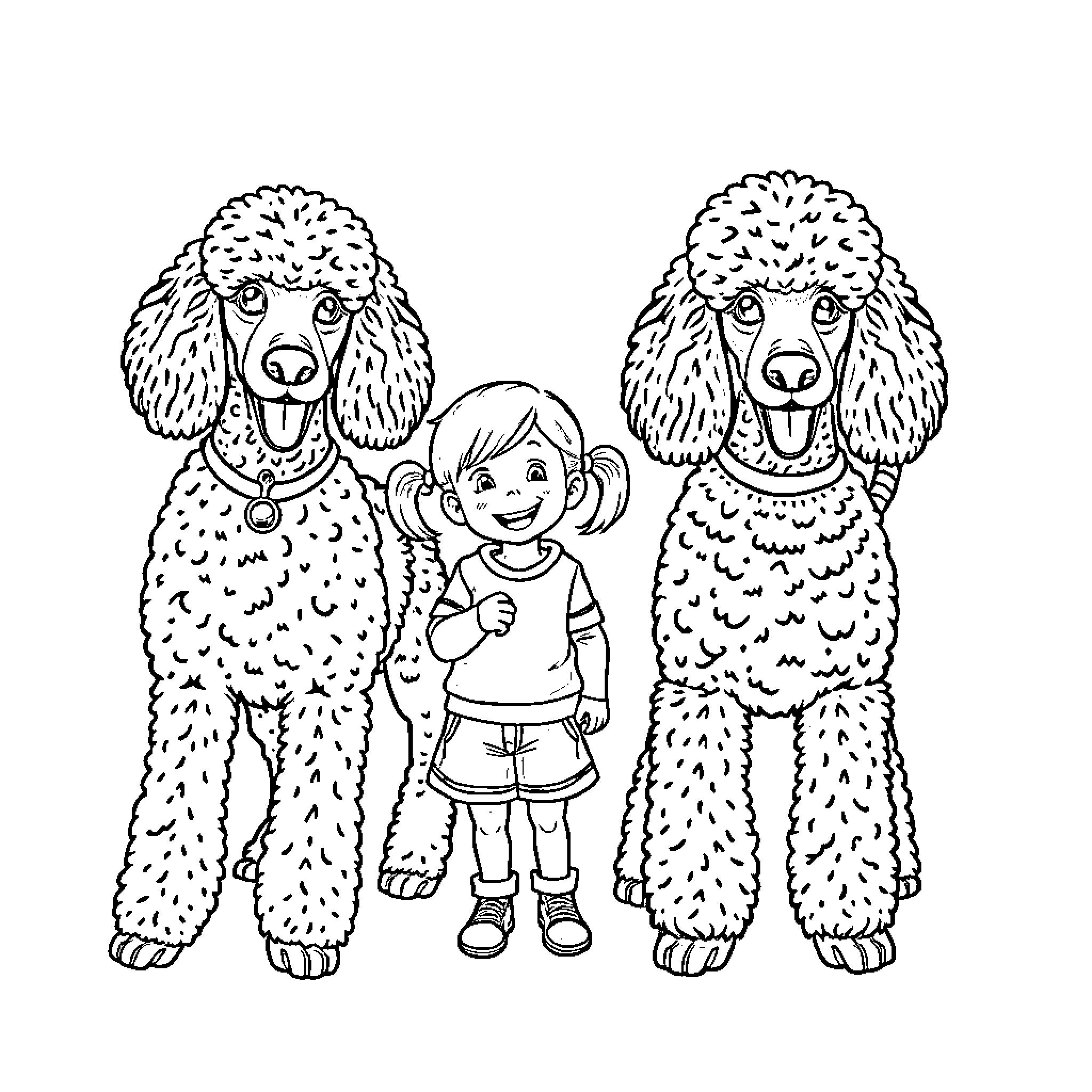 Poodle Pals and Girl Friends Coloring Page (free black-and-white line drawing printable PDF for all, from beginners to advanced learners, including children, teens, adults, and seniors)