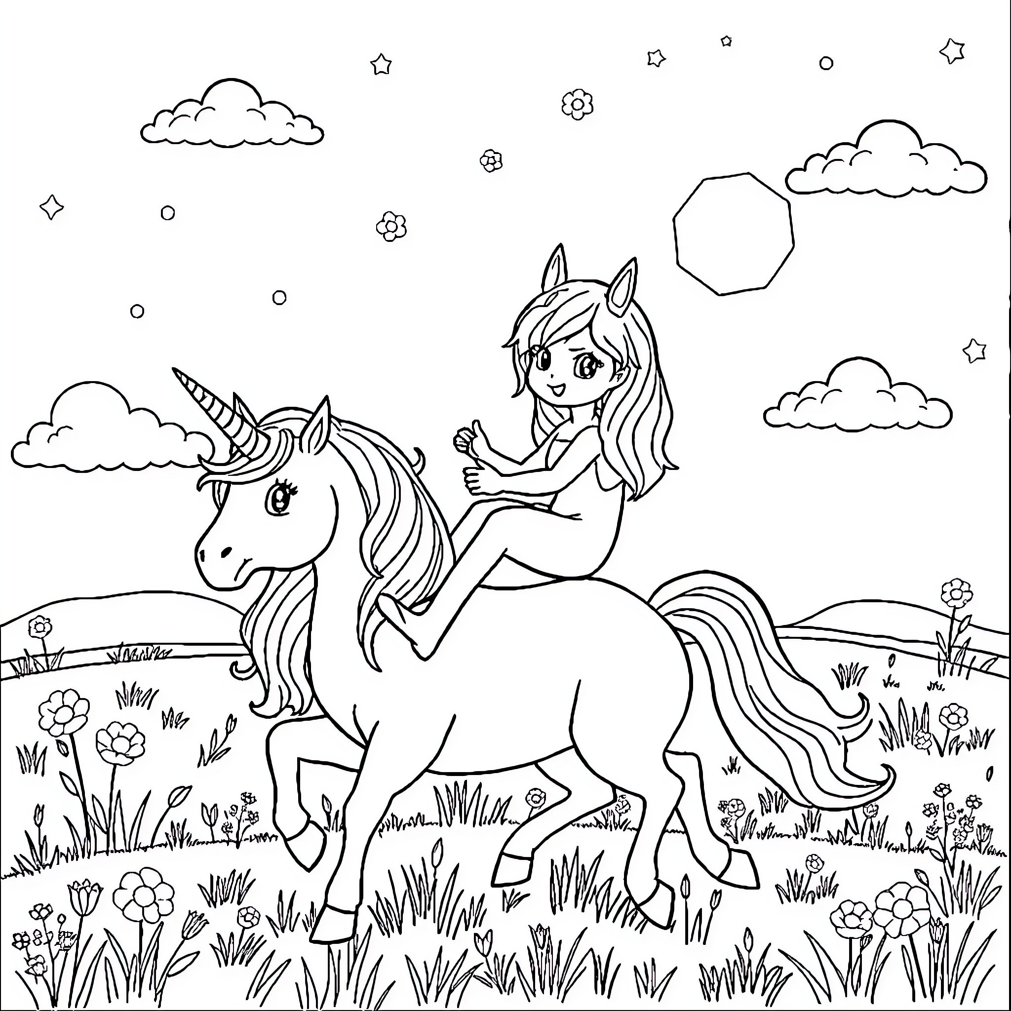 Labubu's Magical Unicorn Adventure Coloring Page (free black-and-white line drawing printable PDF for all, from beginners to advanced learners, including children, teens, adults, and seniors)