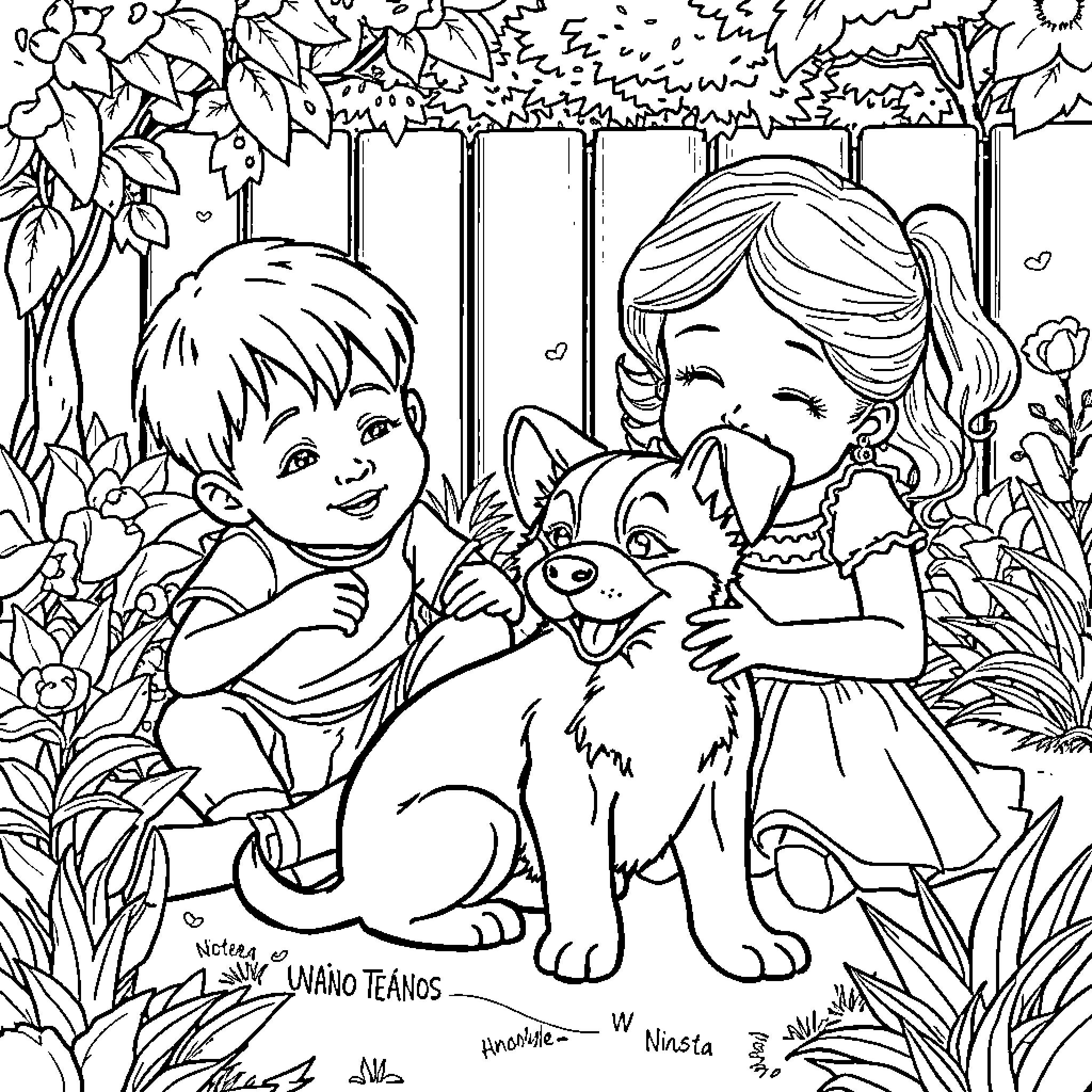 Dachshund and friends playing in the garden Coloring Page (free black-and-white line drawing printable PDF for all, from beginners to advanced learners, including children, teens, adults, and seniors)