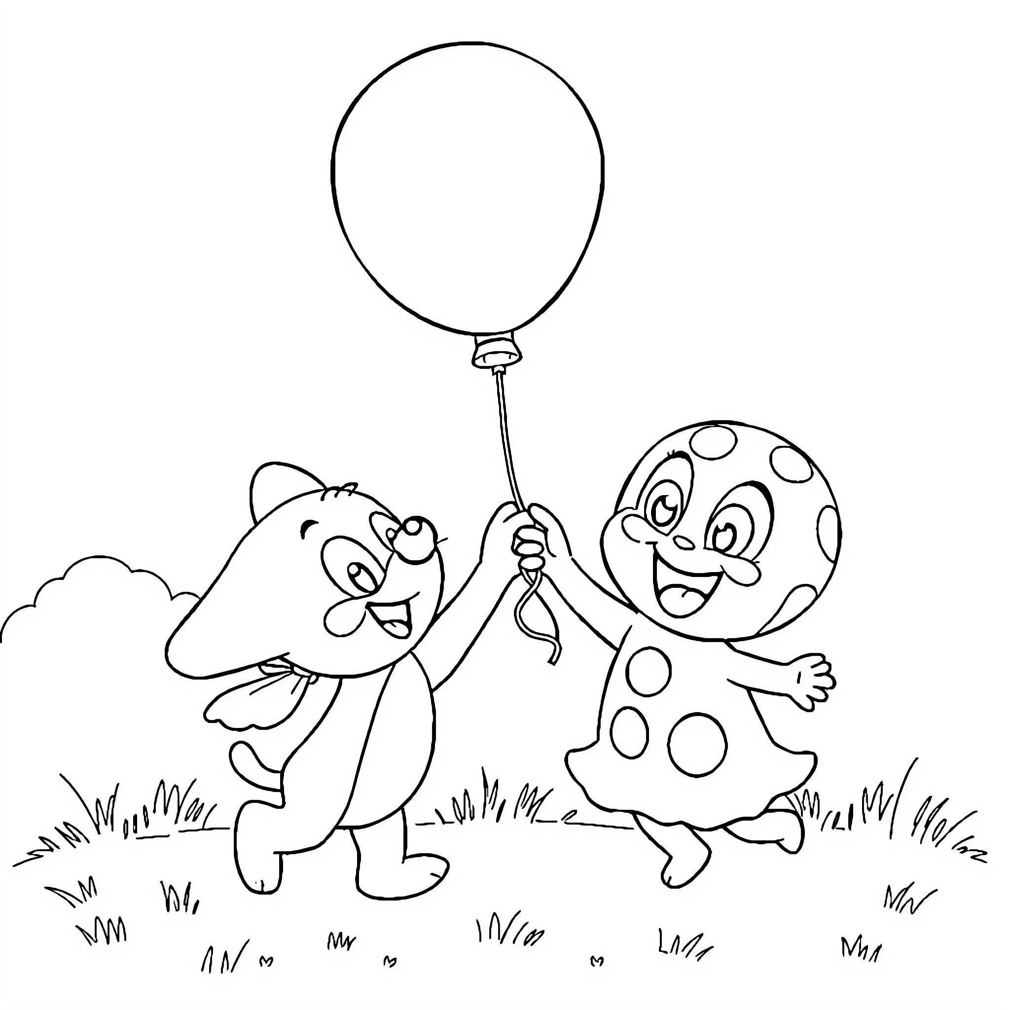 Bluey and friends playing with a balloon Coloring Page (free black-and-white line drawing printable PDF for all, from beginners to advanced learners, including children, teens, adults, and seniors)