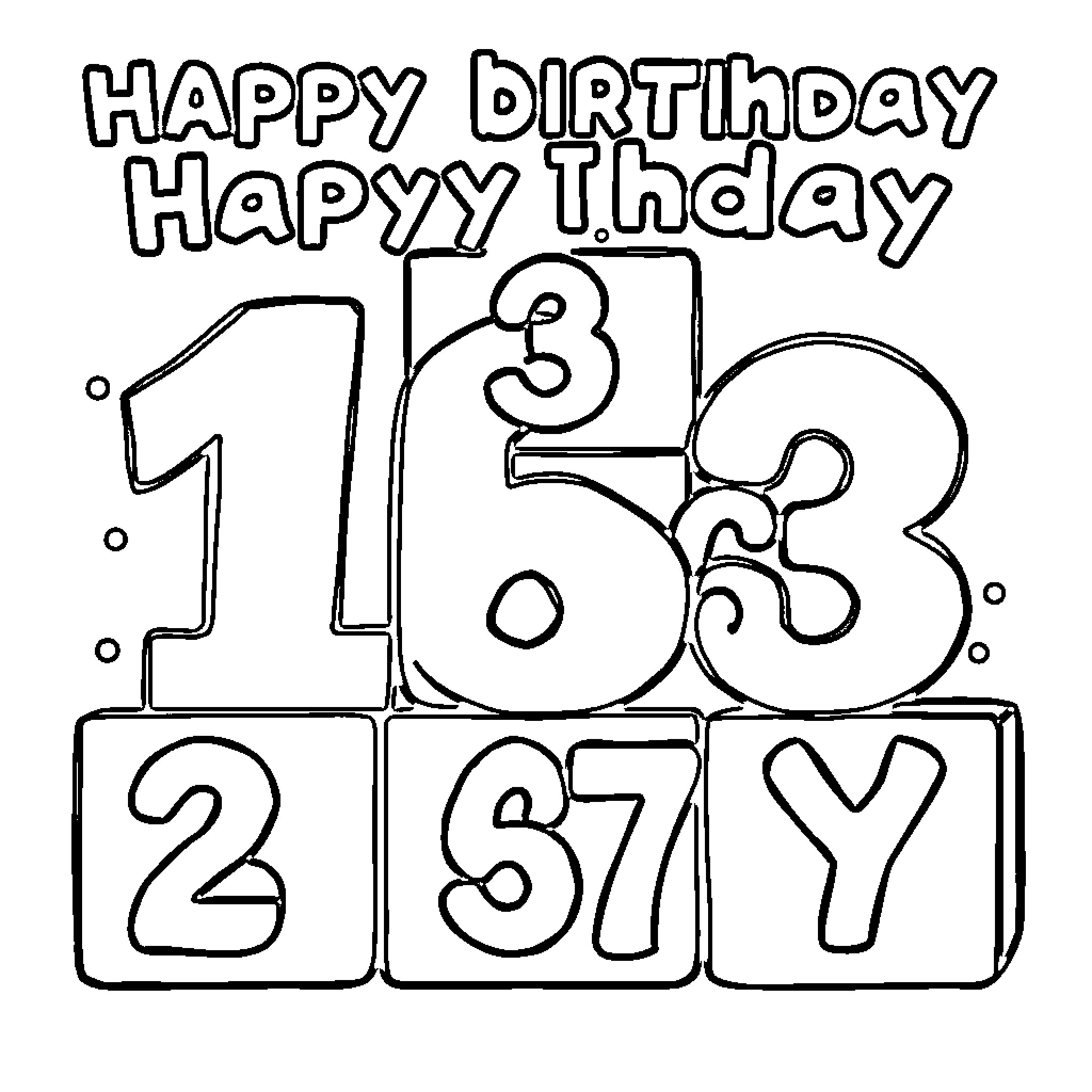 Number Block Happy Birthday Happy Today Coloring Page (free black-and-white line drawing printable PDF for all, from beginners to advanced learners, including children, teens, adults, and seniors)