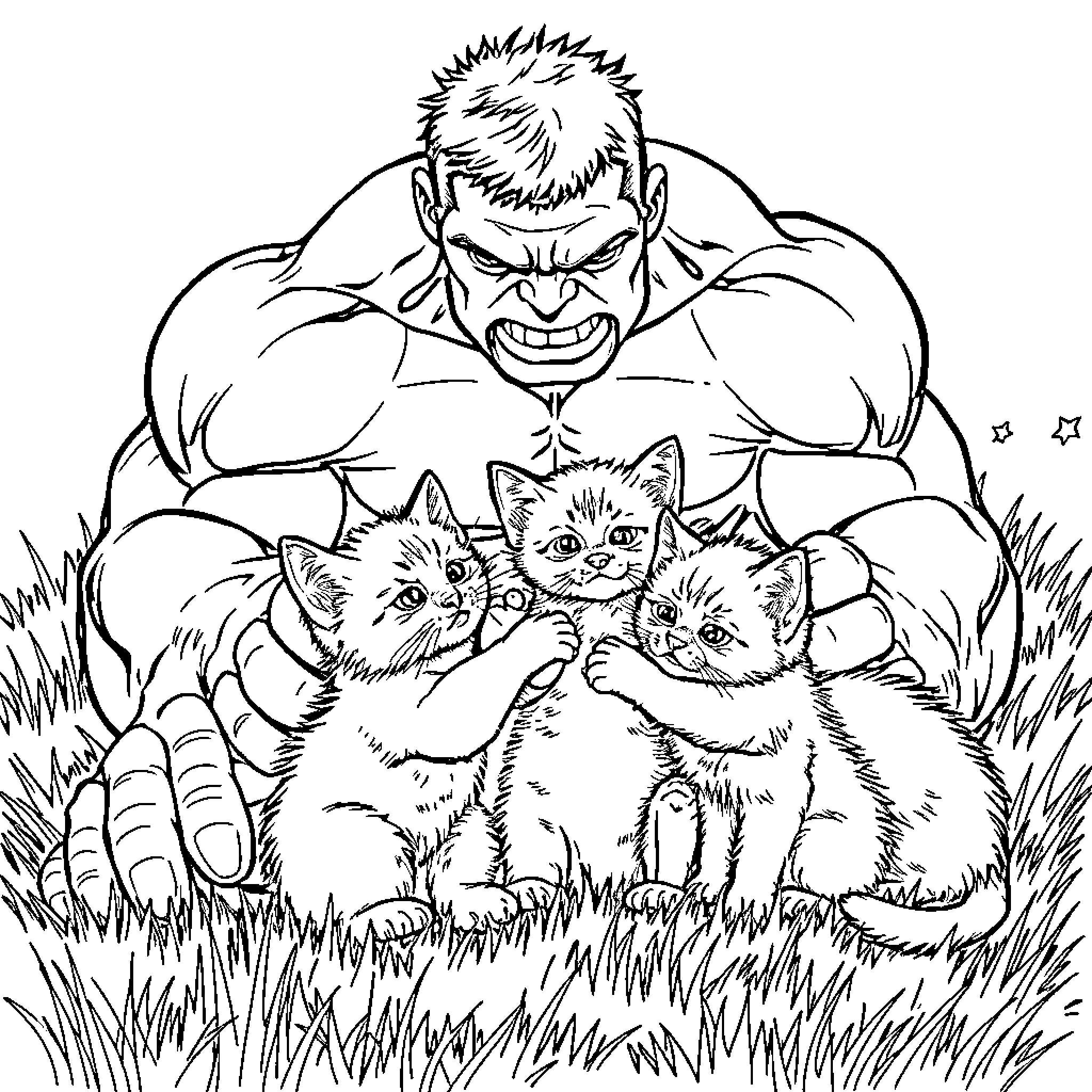 Hulk protecting adorable kittens in the wild Coloring Page (free black-and-white line drawing printable PDF for all, from beginners to advanced learners, including children, teens, adults, and seniors)