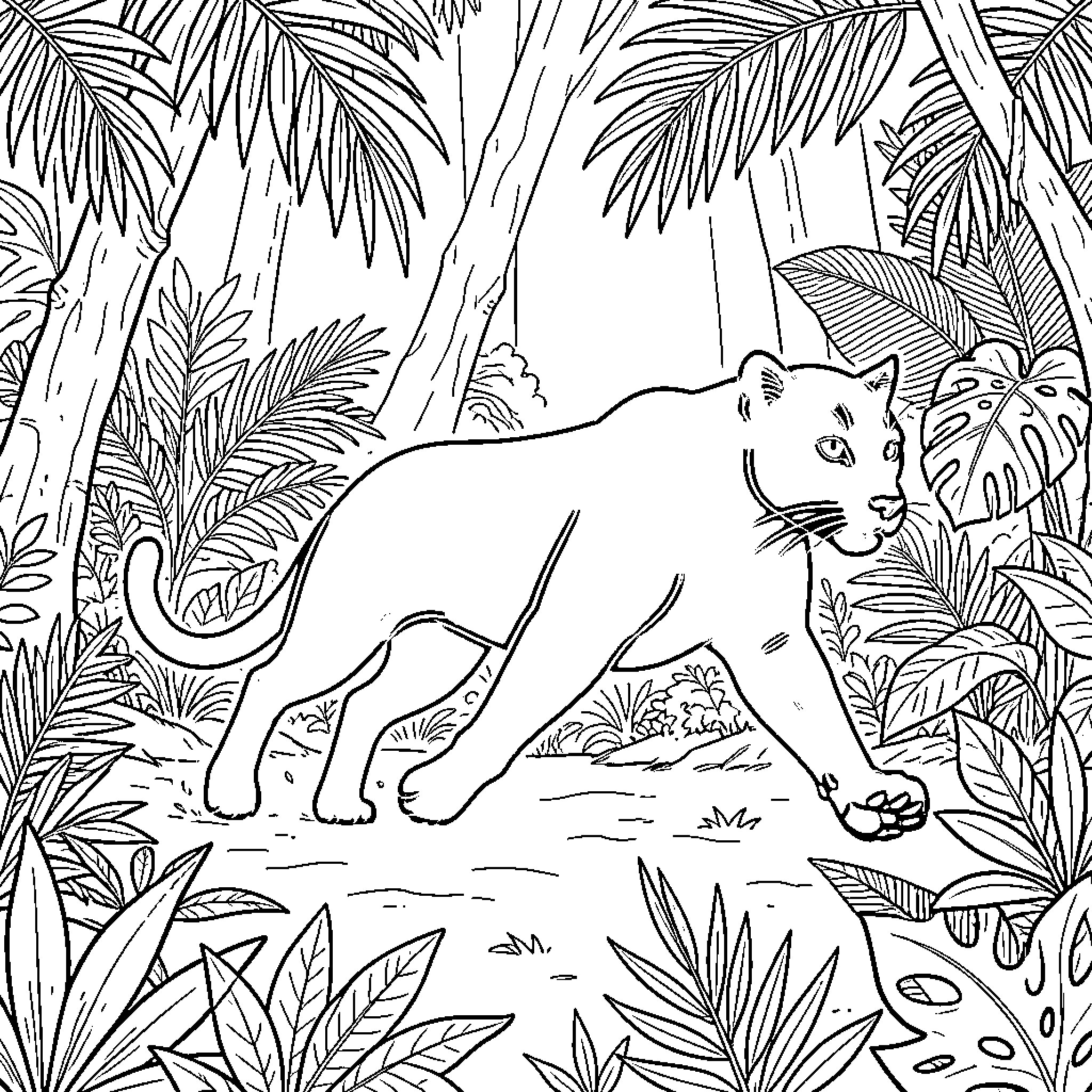 Panther prowling through the lush tropical foliage Coloring Page (free black-and-white line drawing printable PDF for all, from beginners to advanced learners, including children, teens, adults, and seniors)