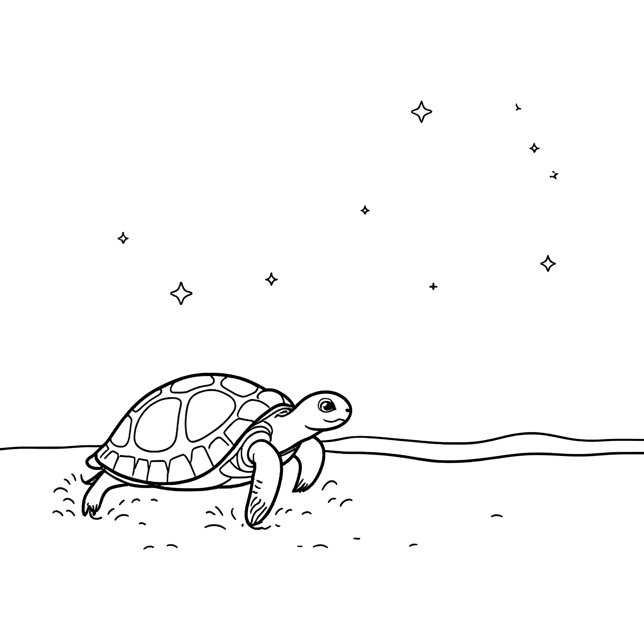 Turtle walking on the ground under the starry sky Coloring Page (free black-and-white line drawing printable PDF for all, from beginners to advanced learners, including children, teens, adults, and seniors)