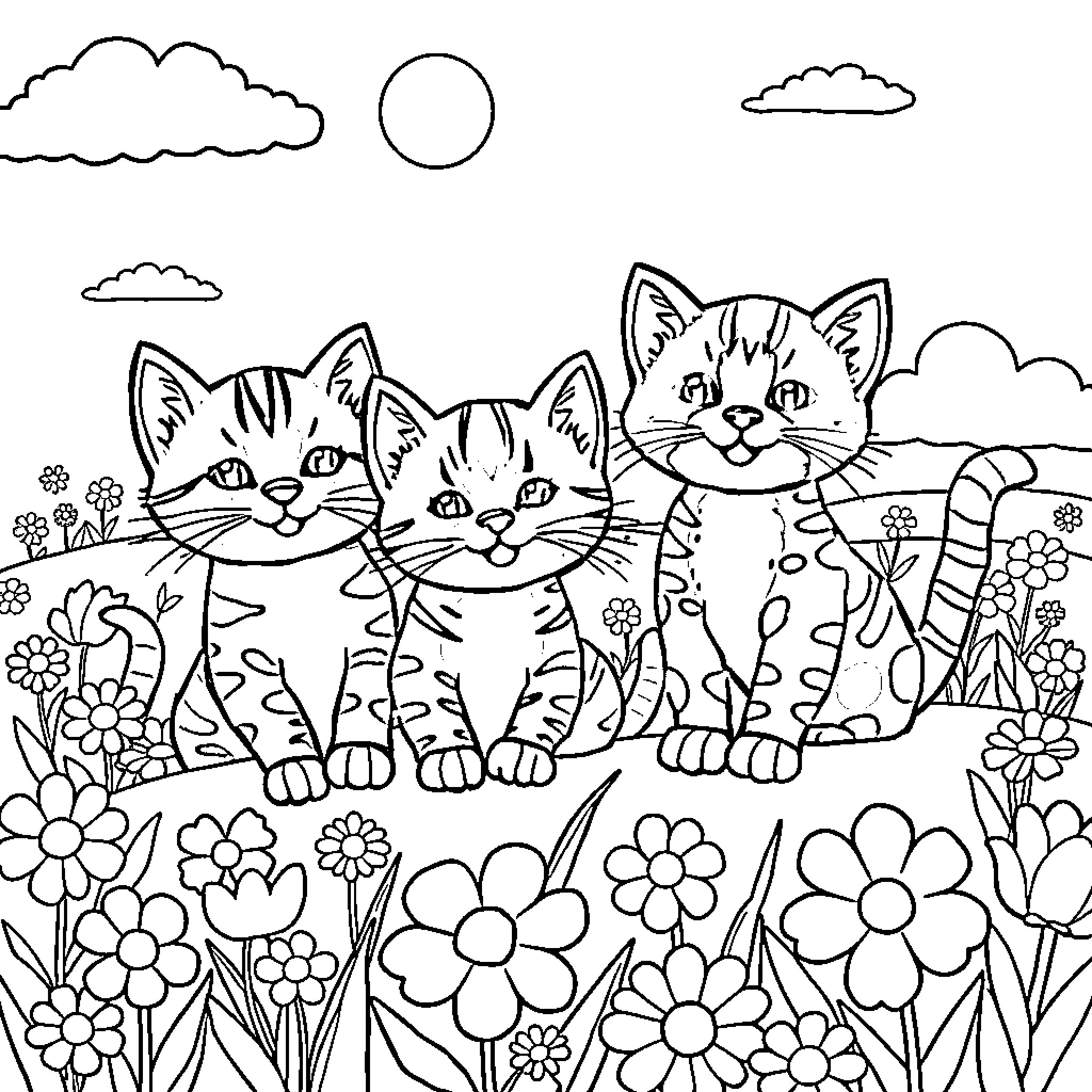 Kitty trio in a colorful floral garden Coloring Page (free black-and-white line drawing printable PDF for all, from beginners to advanced learners, including children, teens, adults, and seniors)