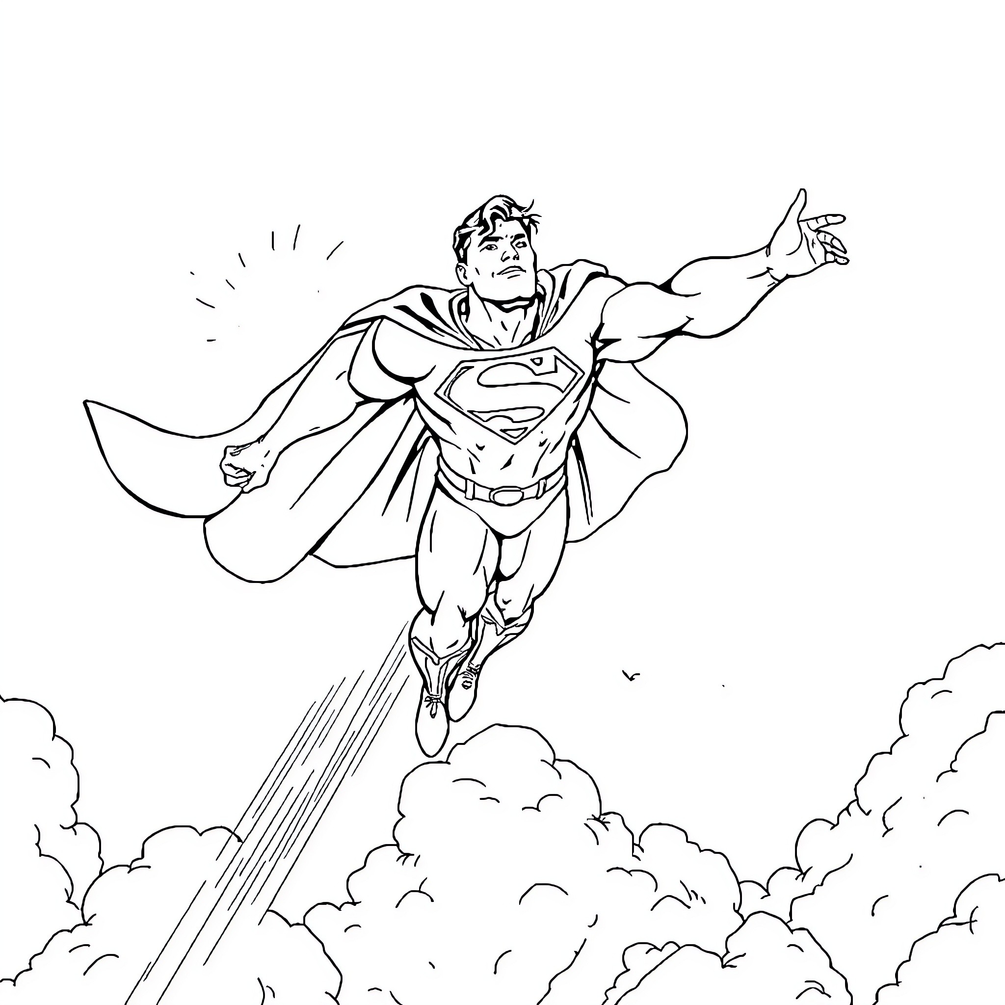 Superman soaring through the clouds with heroic pose Coloring Page (free black-and-white line drawing printable PDF for all, from beginners to advanced learners, including children, teens, adults, and seniors)