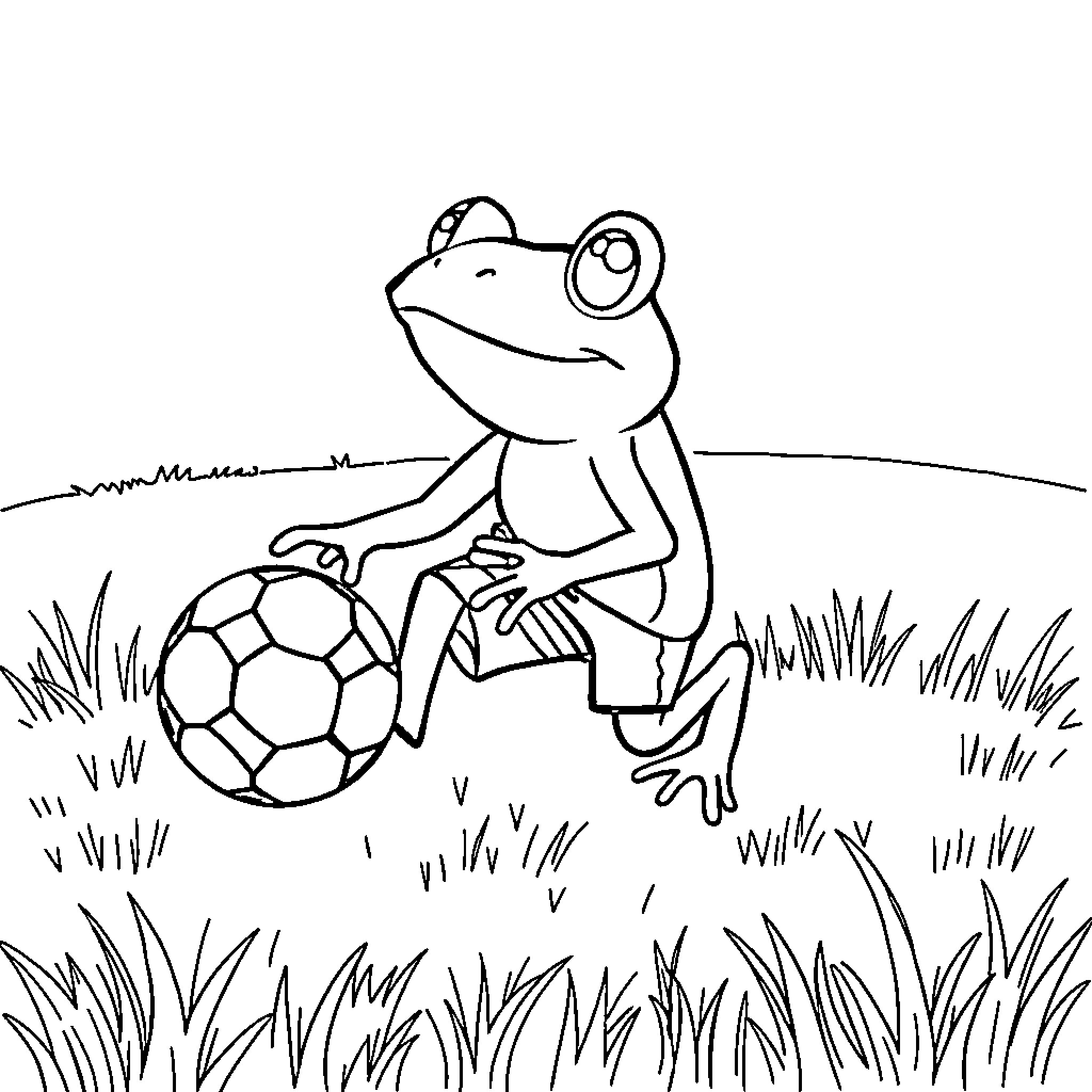 Frog playing cheerfully with soccer ball Coloring Page (free black-and-white line drawing printable PDF for all, from beginners to advanced learners, including children, teens, adults, and seniors)
