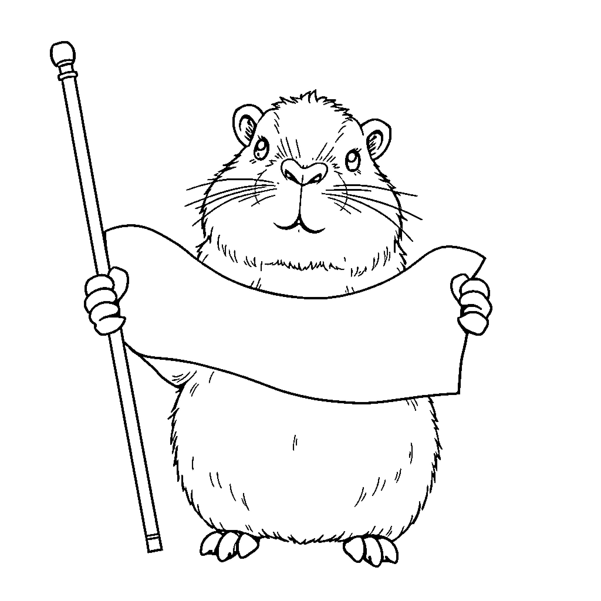 Capybara with a walking stick Coloring Page (free black-and-white line drawing printable PDF for all, from beginners to advanced learners, including children, teens, adults, and seniors)