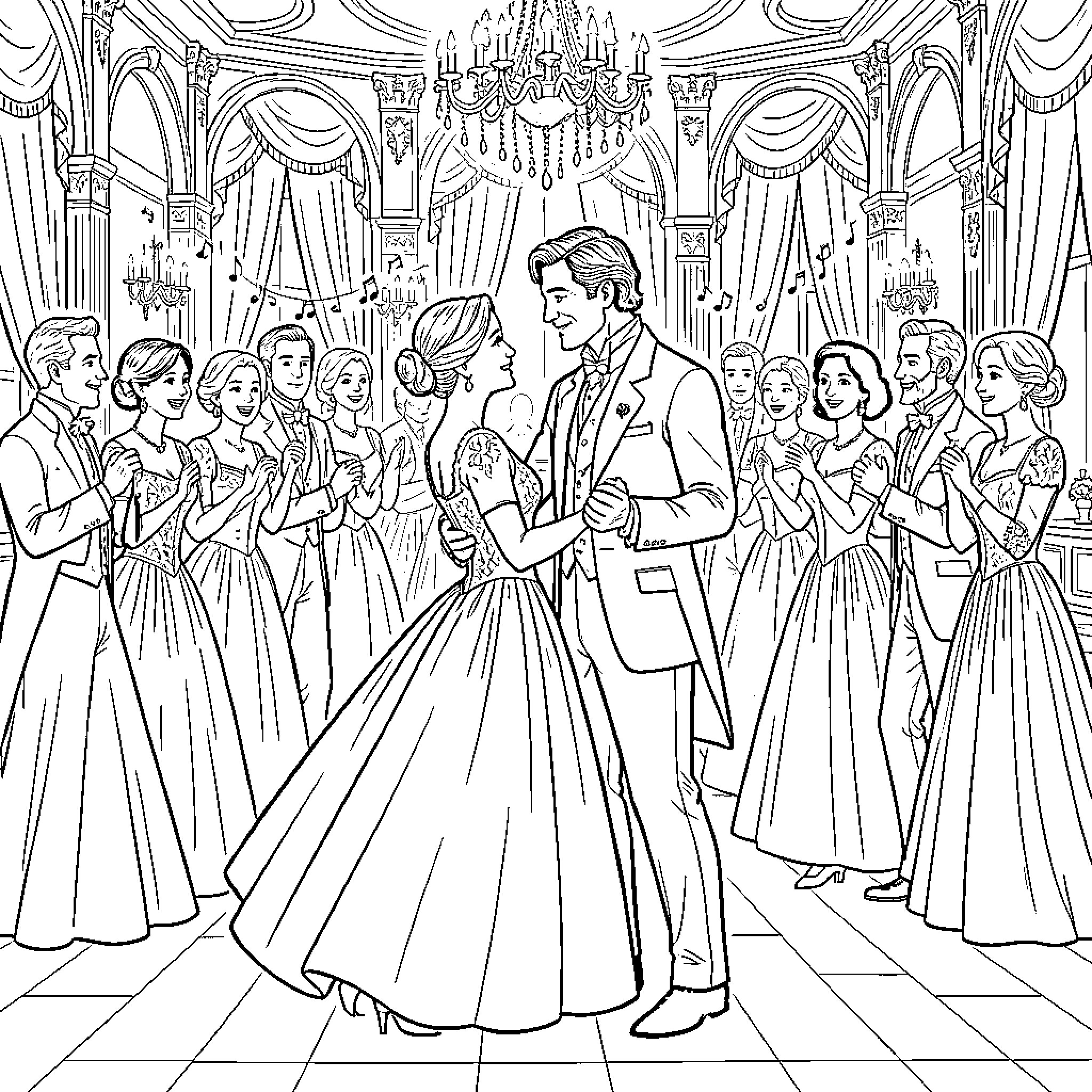 Lizzy Bennet dancing gracefully in a grand ballroom Coloring Page (free black-and-white line drawing printable PDF for all, from beginners to advanced learners, including children, teens, adults, and seniors)