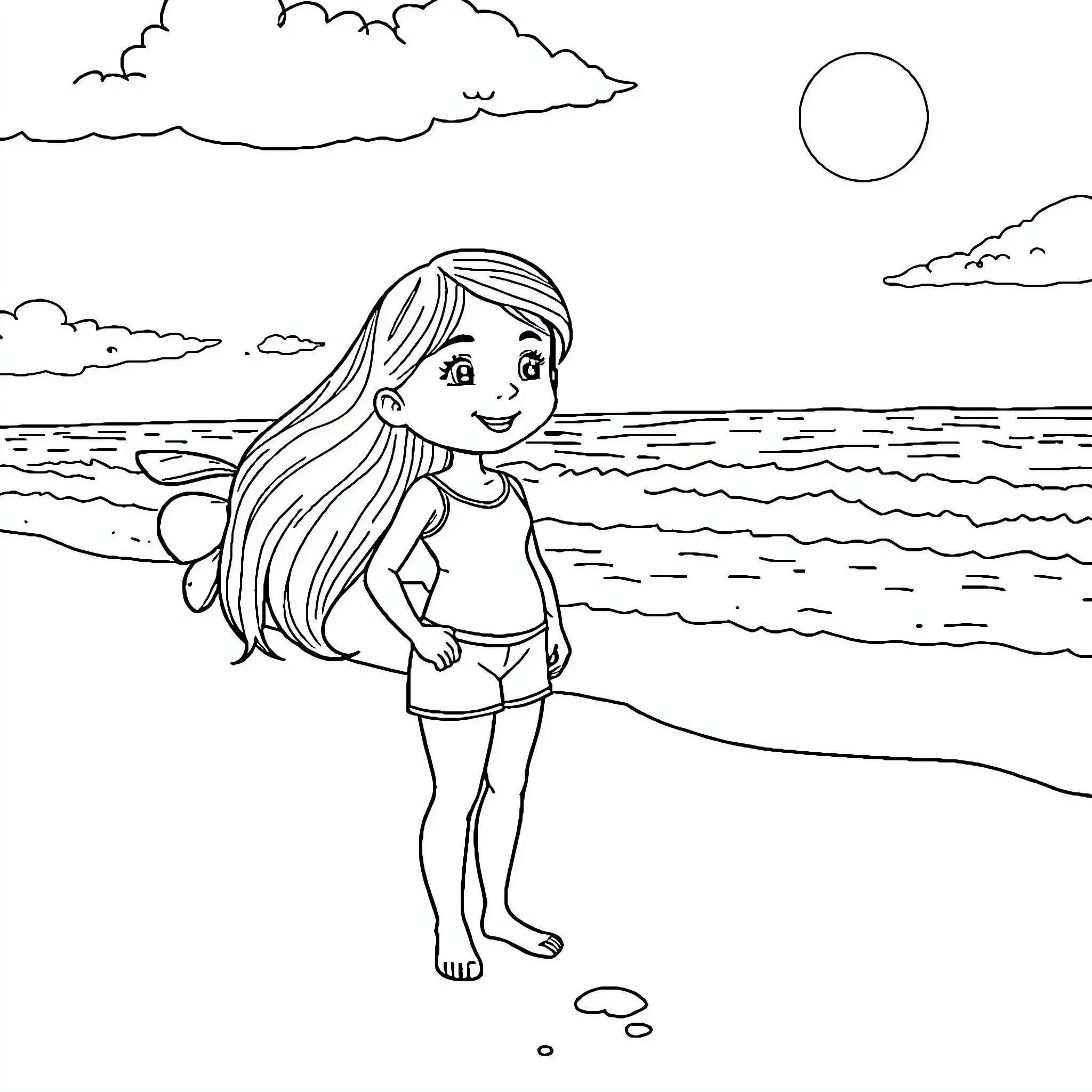 Sydney Sweeney enjoying a summer day at the beach Coloring Page (free black-and-white line drawing printable PDF for all, from beginners to advanced learners, including children, teens, adults, and seniors)