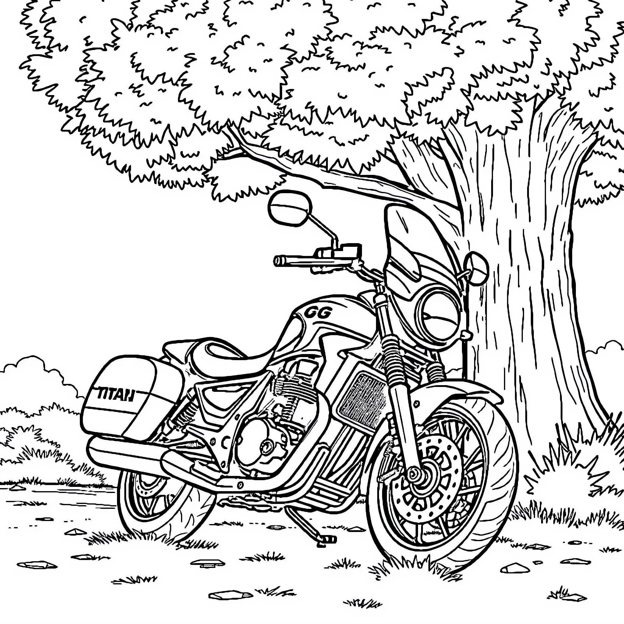 Titan motorcycle parked in nature Coloring Page (free black-and-white line drawing printable PDF for all, from beginners to advanced learners, including children, teens, adults, and seniors)