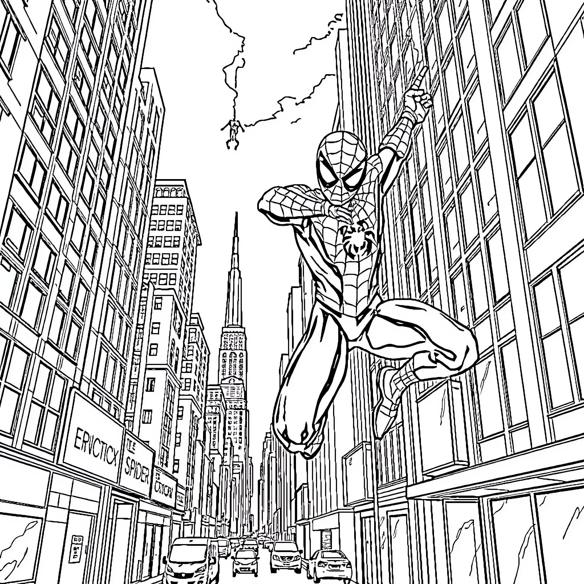 Spiderman swinging through the city skyline Coloring Page (free black-and-white line drawing printable PDF for all, from beginners to advanced learners, including children, teens, adults, and seniors)