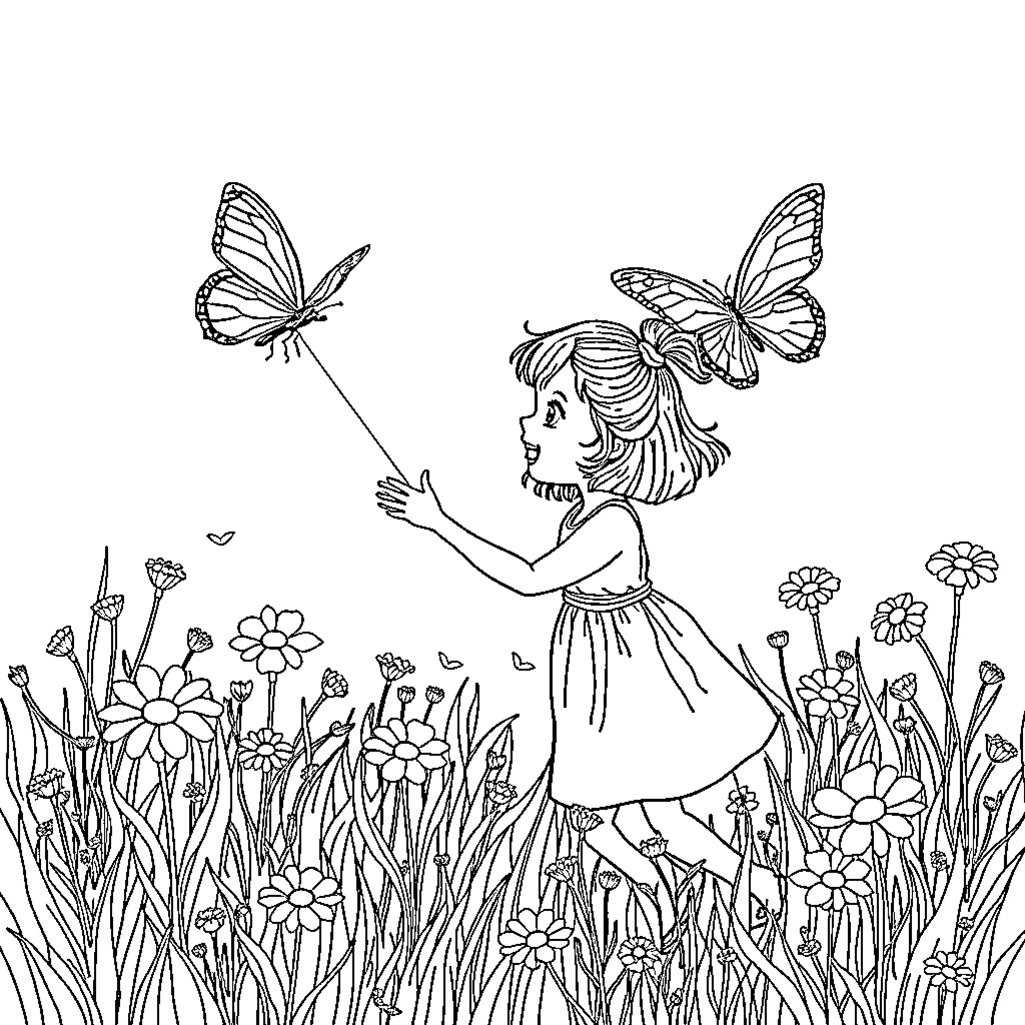 Girl chasing butterflies in a flowery field Coloring Page (free black-and-white line drawing printable PDF for all, from beginners to advanced learners, including children, teens, adults, and seniors)