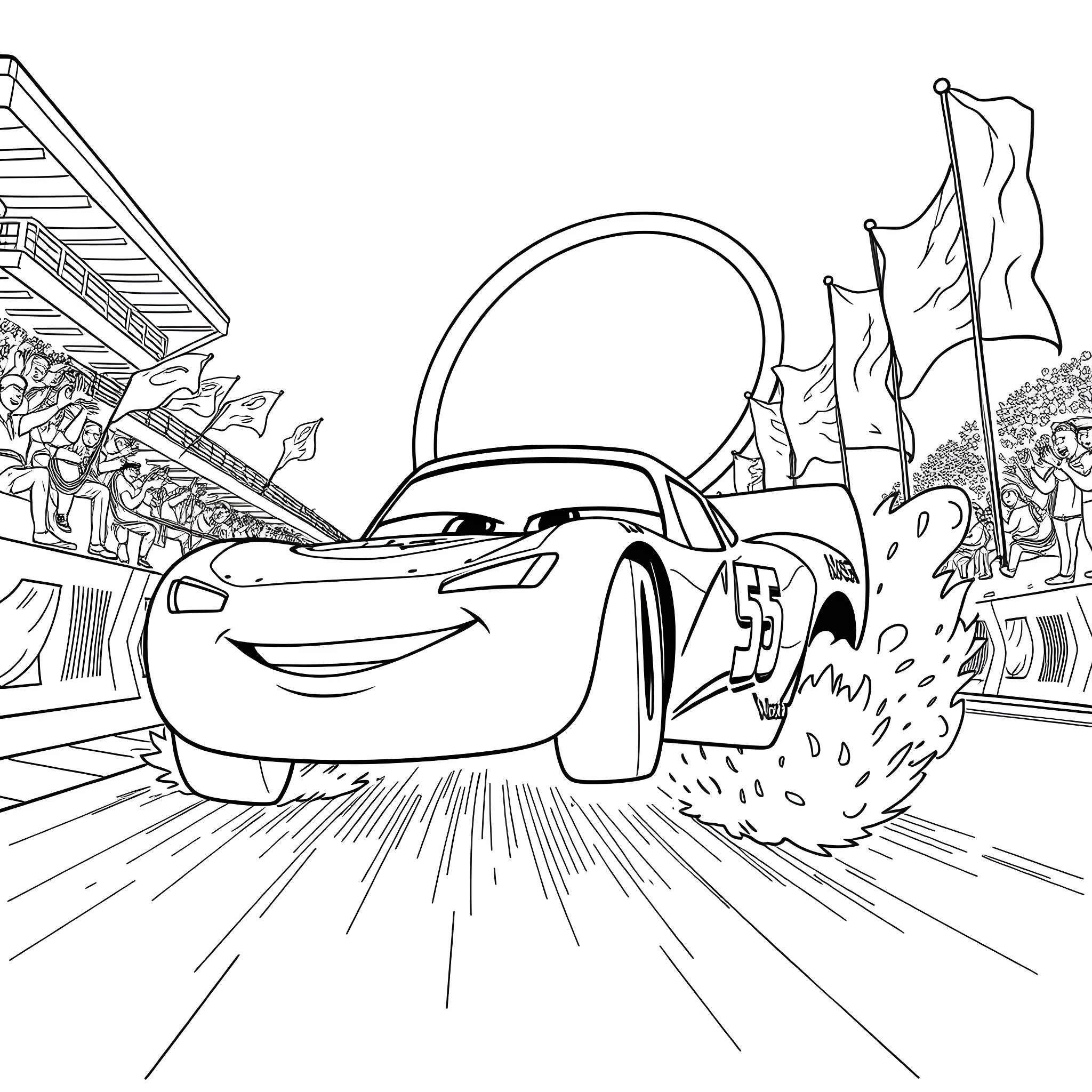 Lightning McQueen racing on the track Coloring Page (free black-and-white line drawing printable PDF for all, from beginners to advanced learners, including children, teens, adults, and seniors)