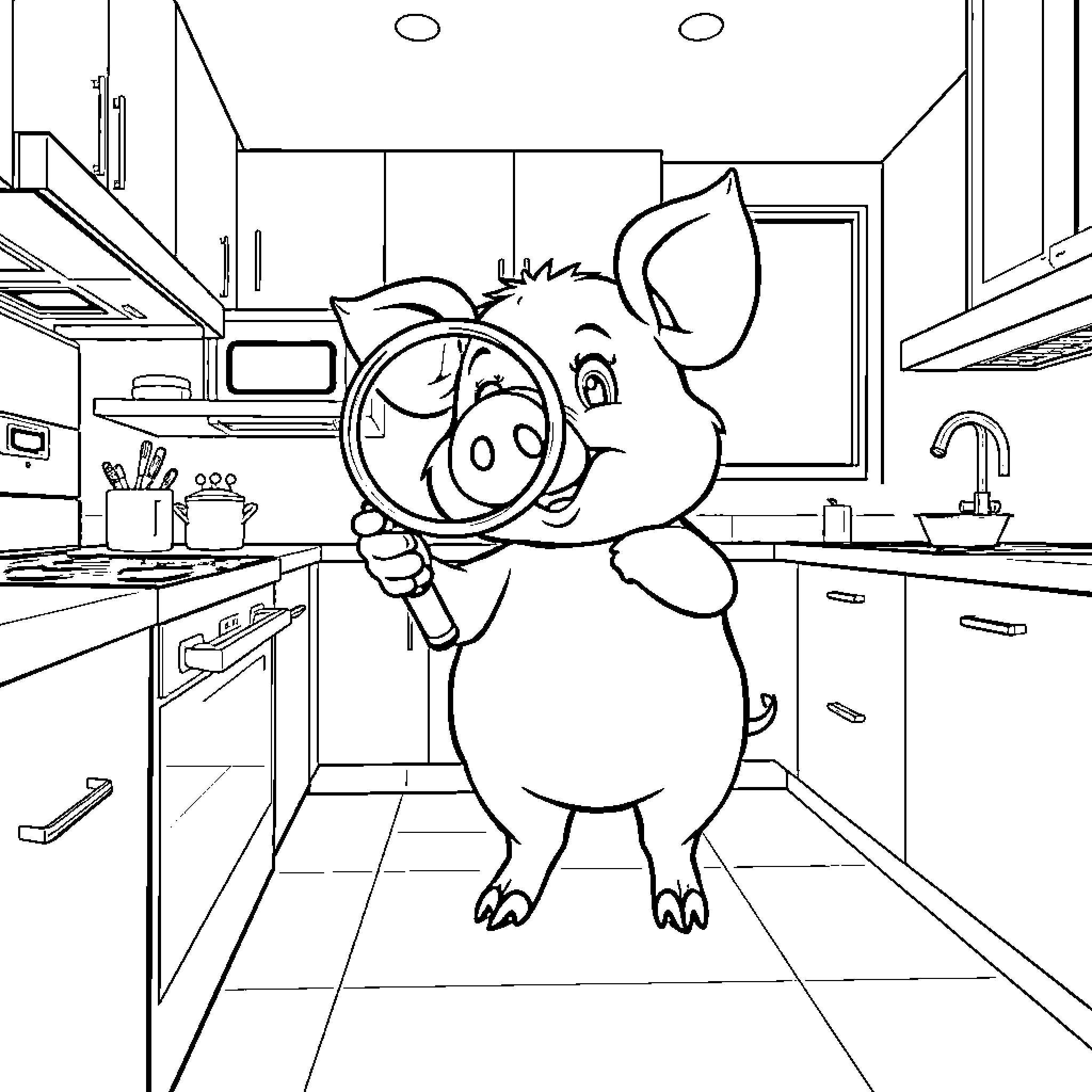 Pig exploring the kitchen with a magnifying glass Coloring Page (free black-and-white line drawing printable PDF for all, from beginners to advanced learners, including children, teens, adults, and seniors)