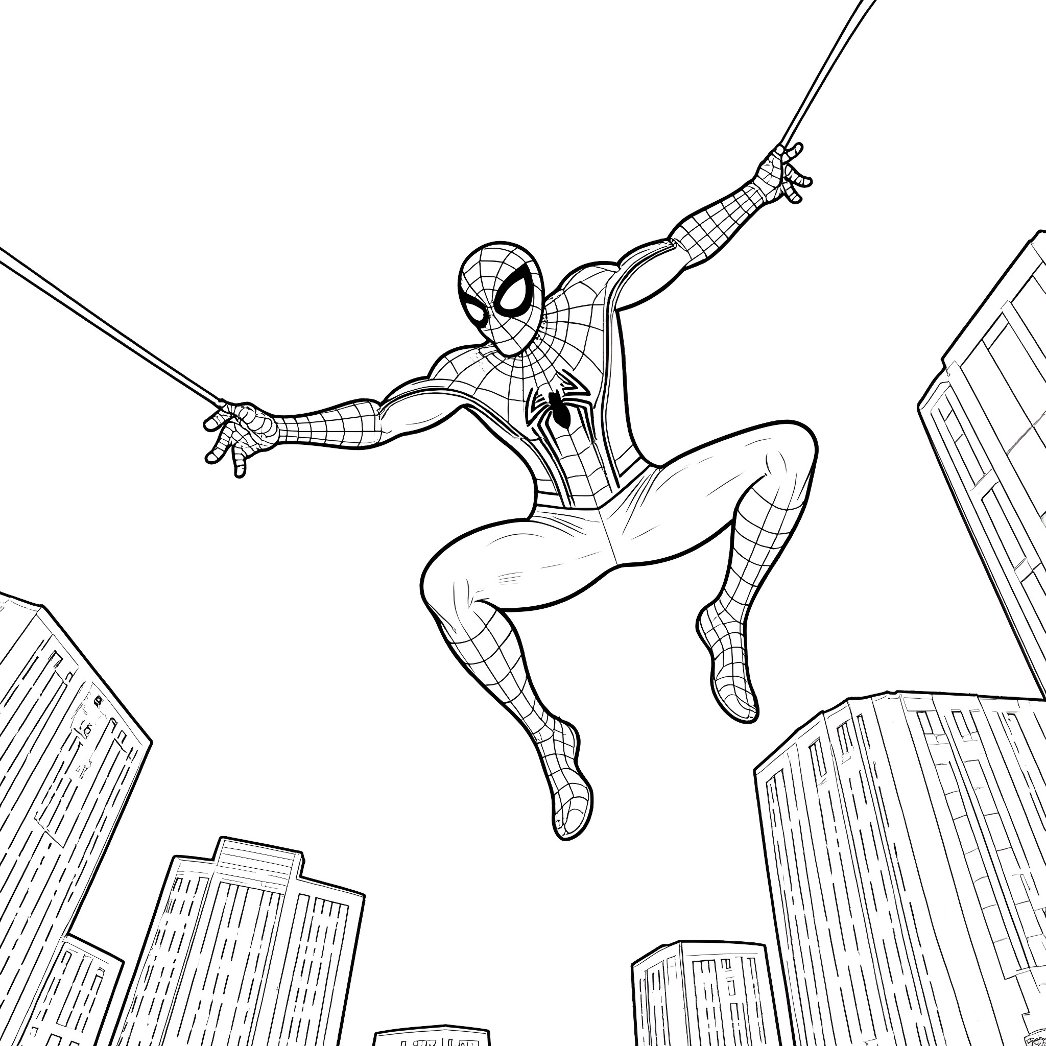 Spiderman swinging through the city skyline Coloring Page (free black-and-white line drawing printable PDF for all, from beginners to advanced learners, including children, teens, adults, and seniors)
