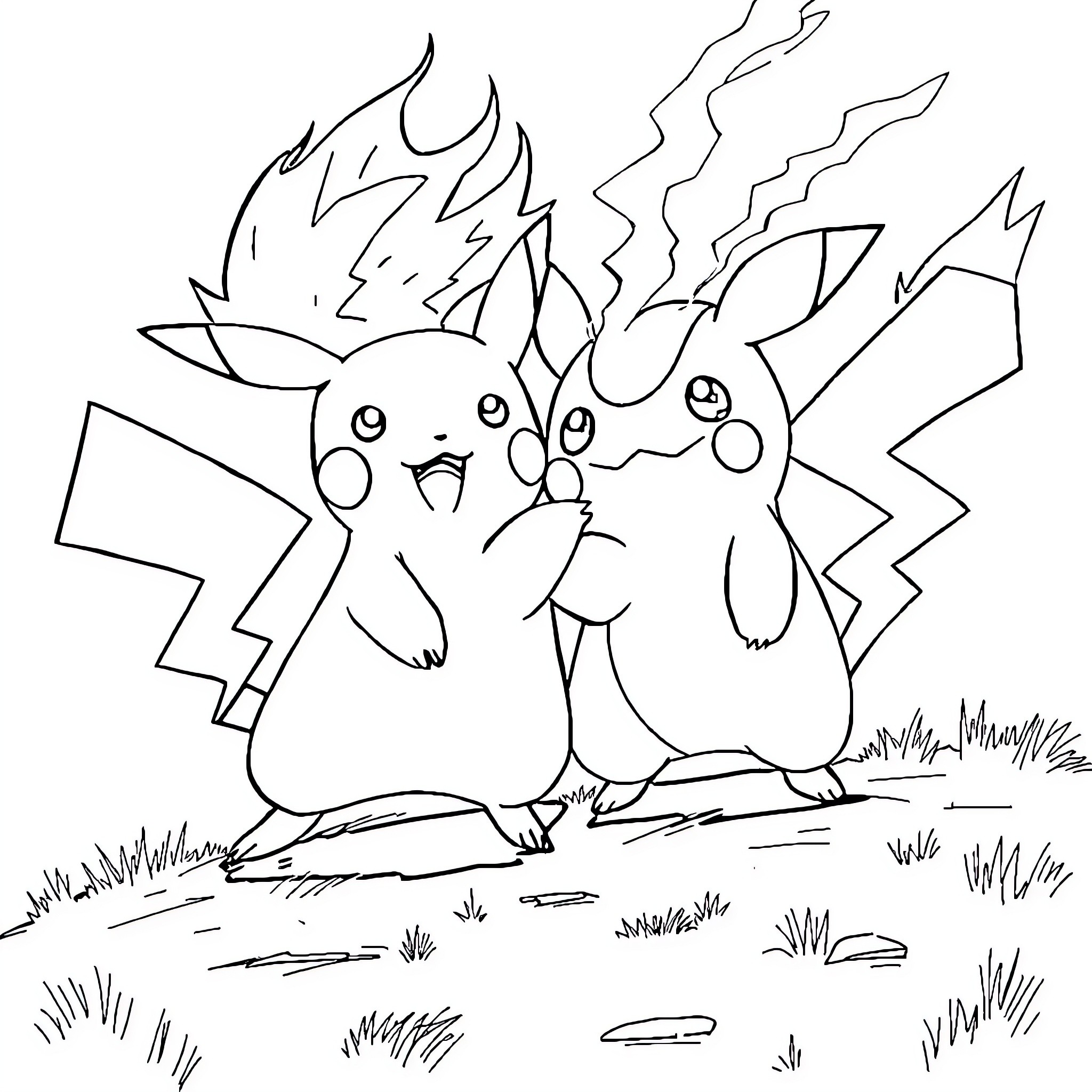Pikachu duo engaged in an energetic display Coloring Page (free black-and-white line drawing printable PDF for all, from beginners to advanced learners, including children, teens, adults, and seniors)