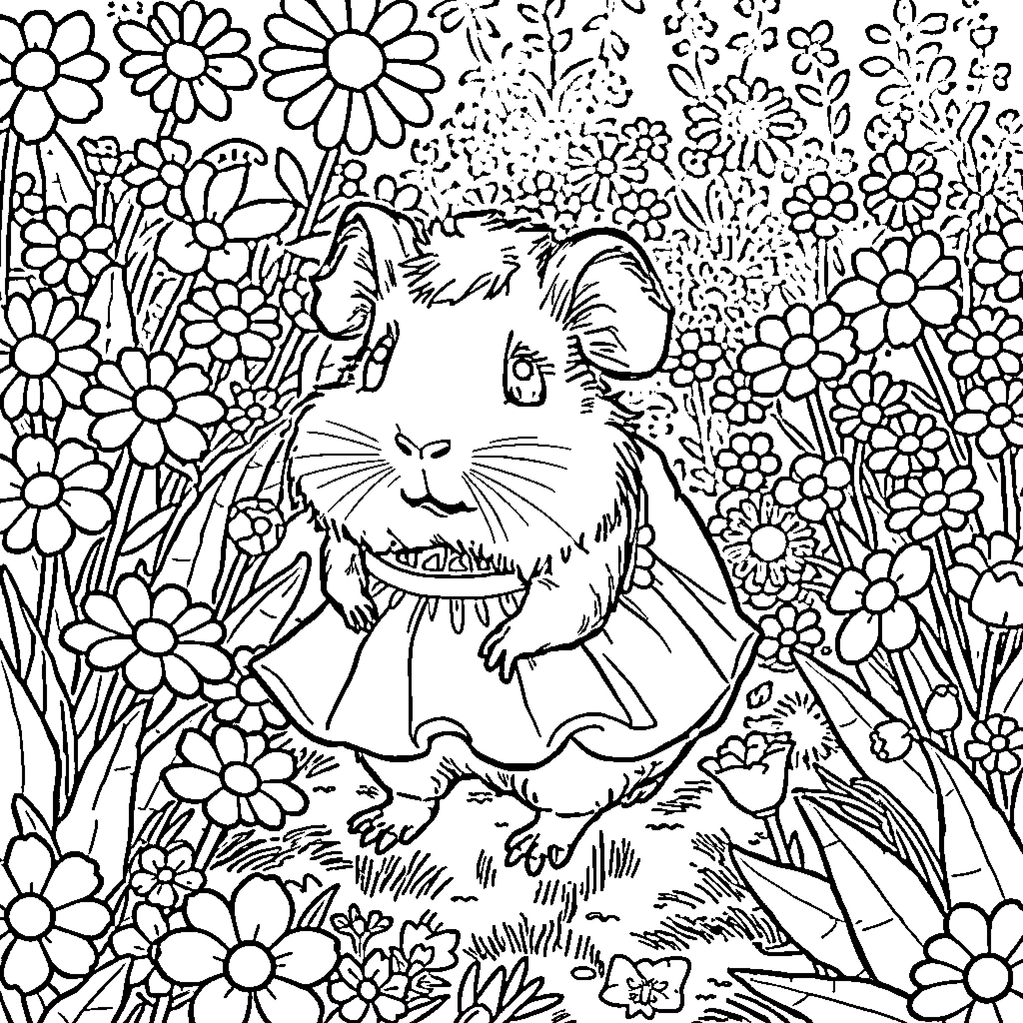 Guinea Pig enjoying a floral wonderland Coloring Page (free black-and-white line drawing printable PDF for all, from beginners to advanced learners, including children, teens, adults, and seniors)