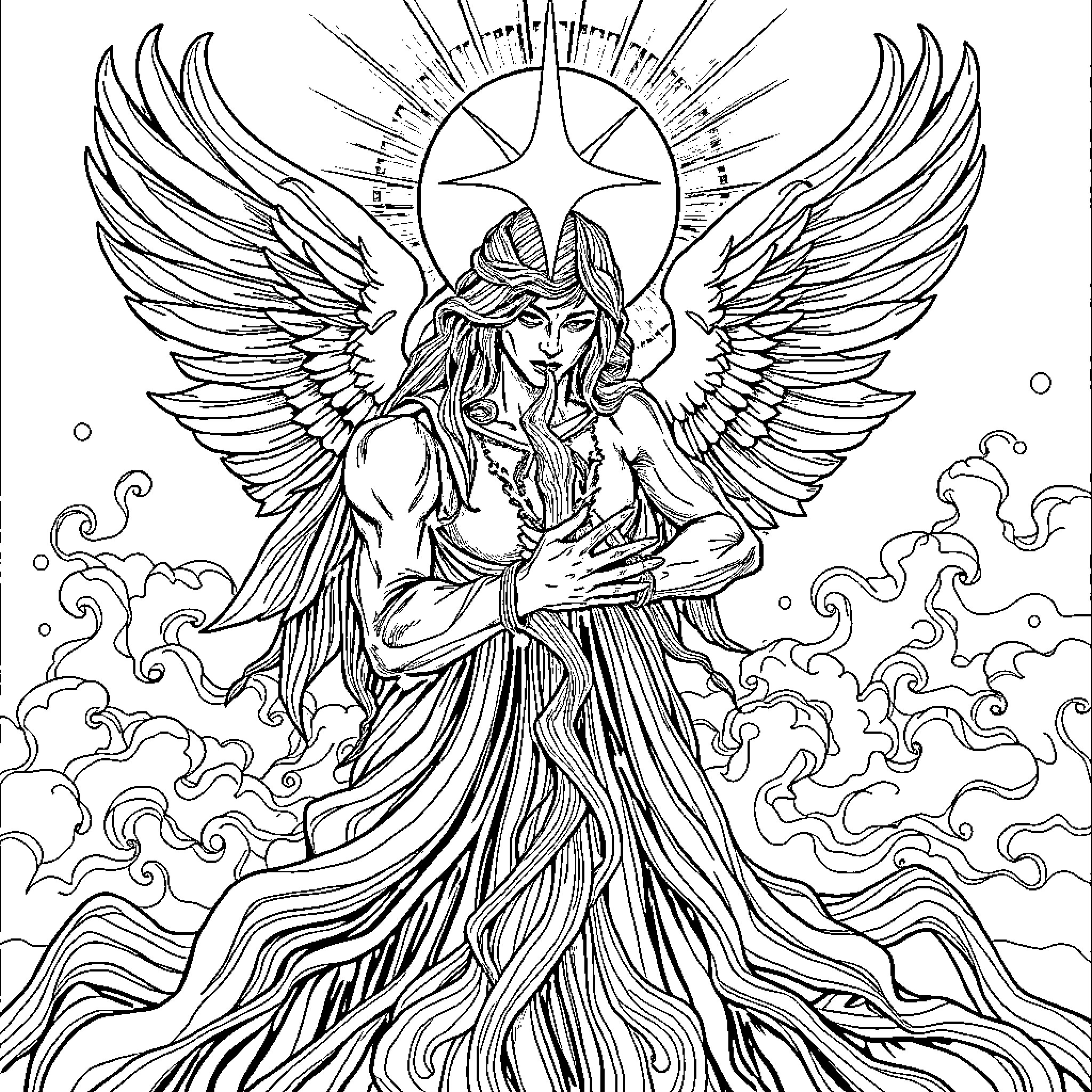 Spirit of the Celestial Guardian Coloring Page (free black-and-white line drawing printable PDF for all, from beginners to advanced learners, including children, teens, adults, and seniors)