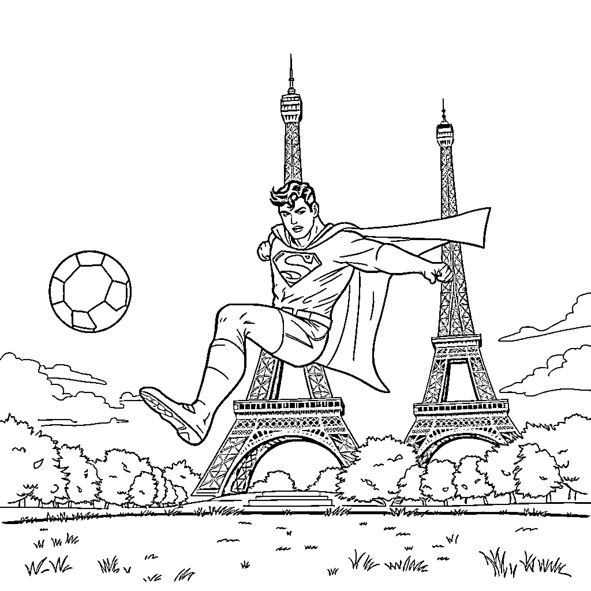 Superman soaring heroically over the Eiffel Tower Coloring Page (free black-and-white line drawing printable PDF for all, from beginners to advanced learners, including children, teens, adults, and seniors)