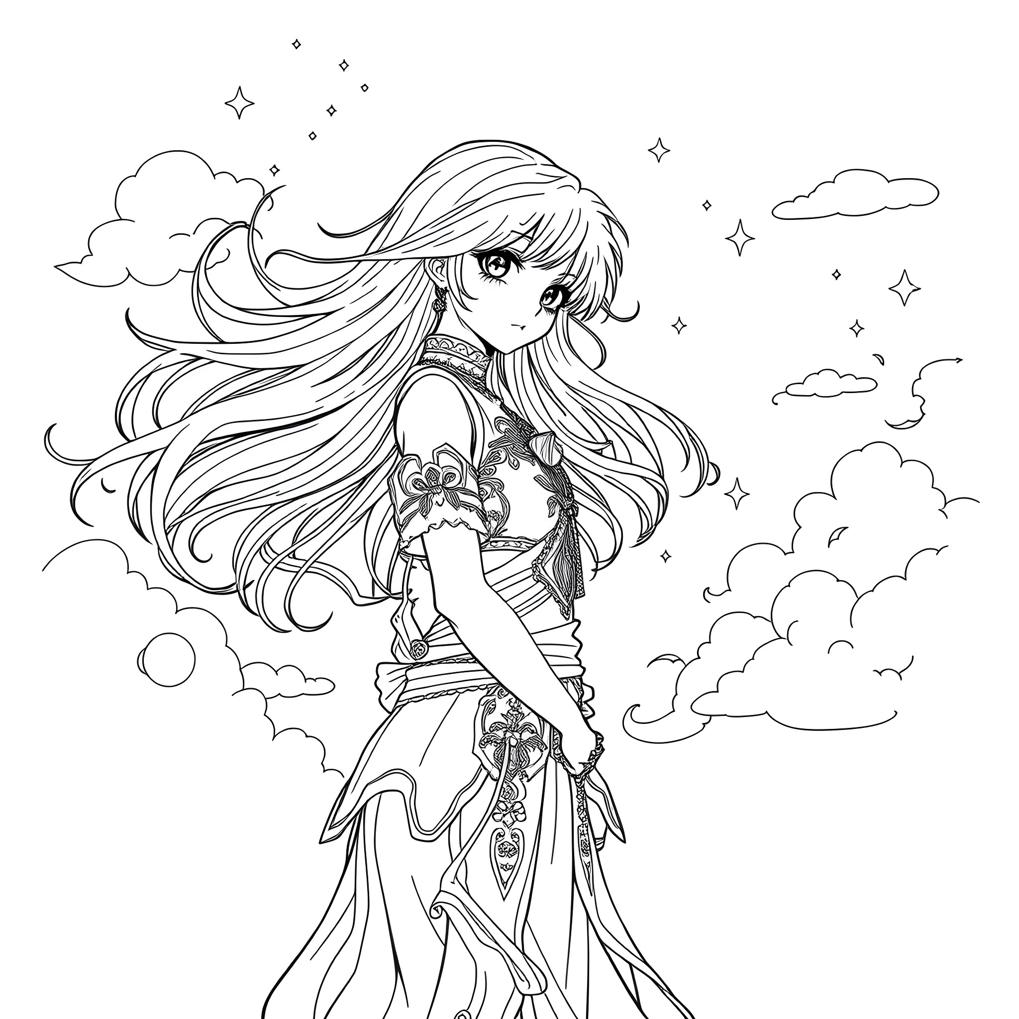 Anime Woman in Flowing Dress with Detailed Design Coloring Page (free black-and-white line drawing printable PDF for all, from beginners to advanced learners, including children, teens, adults, and seniors)