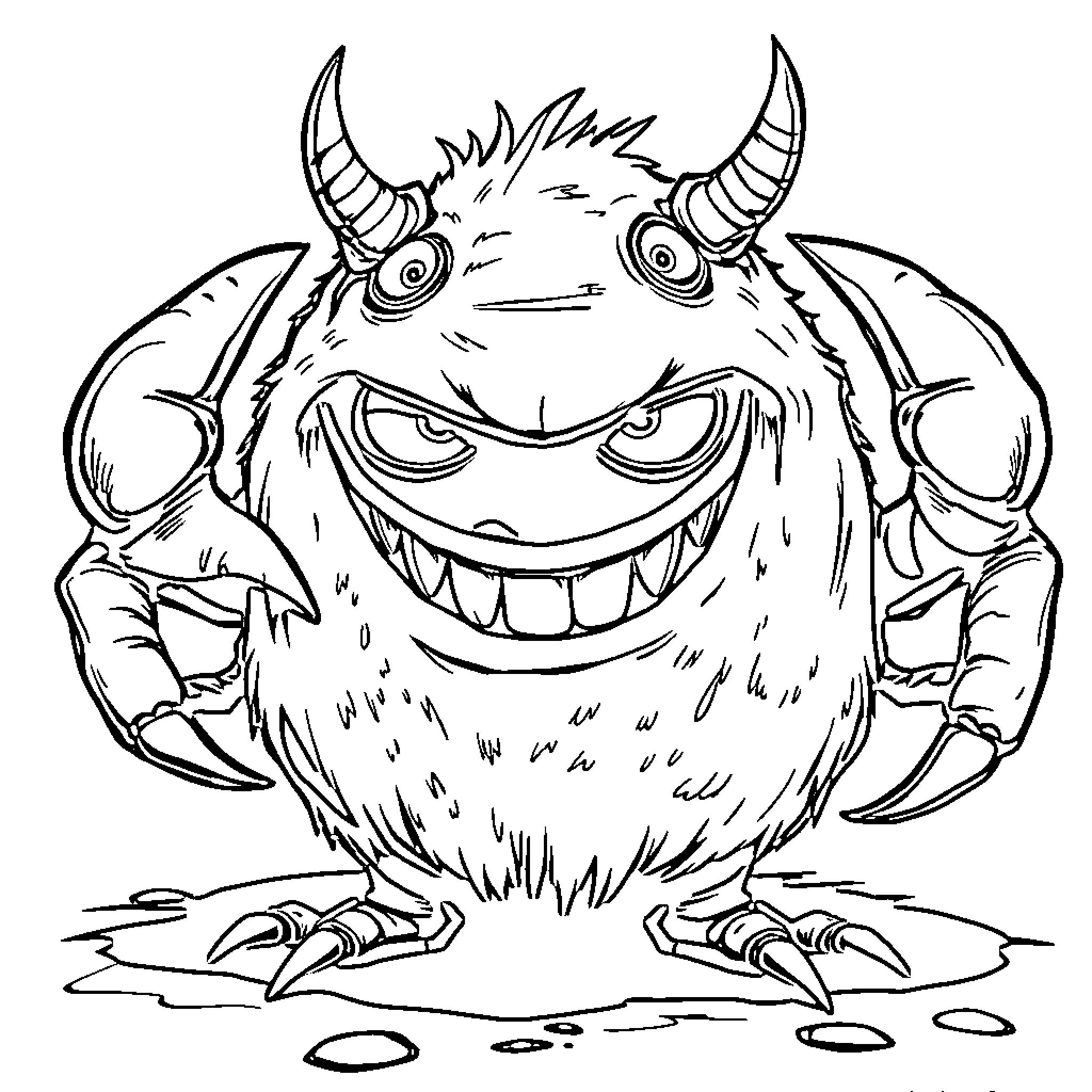 Monster with Horns and Claws Smiling Mischievously Coloring Page (free black-and-white line drawing printable PDF for all, from beginners to advanced learners, including children, teens, adults, and seniors)