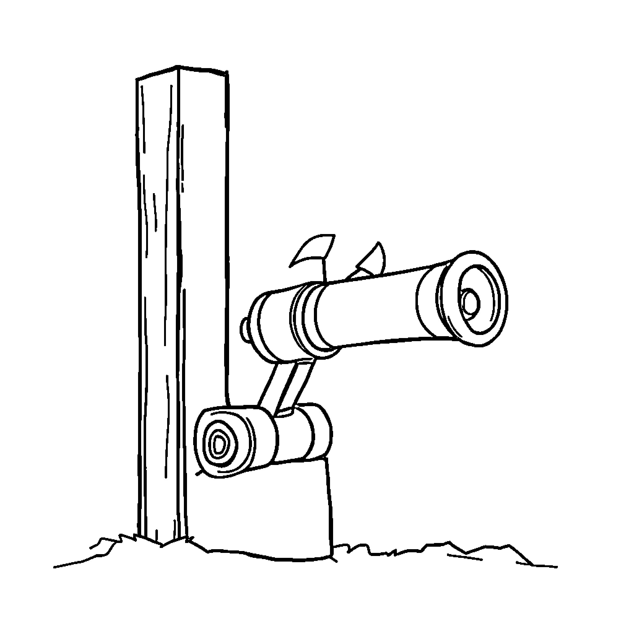 Cannon aimed towards distant target Coloring Page (free black-and-white line drawing printable PDF for all, from beginners to advanced learners, including children, teens, adults, and seniors)