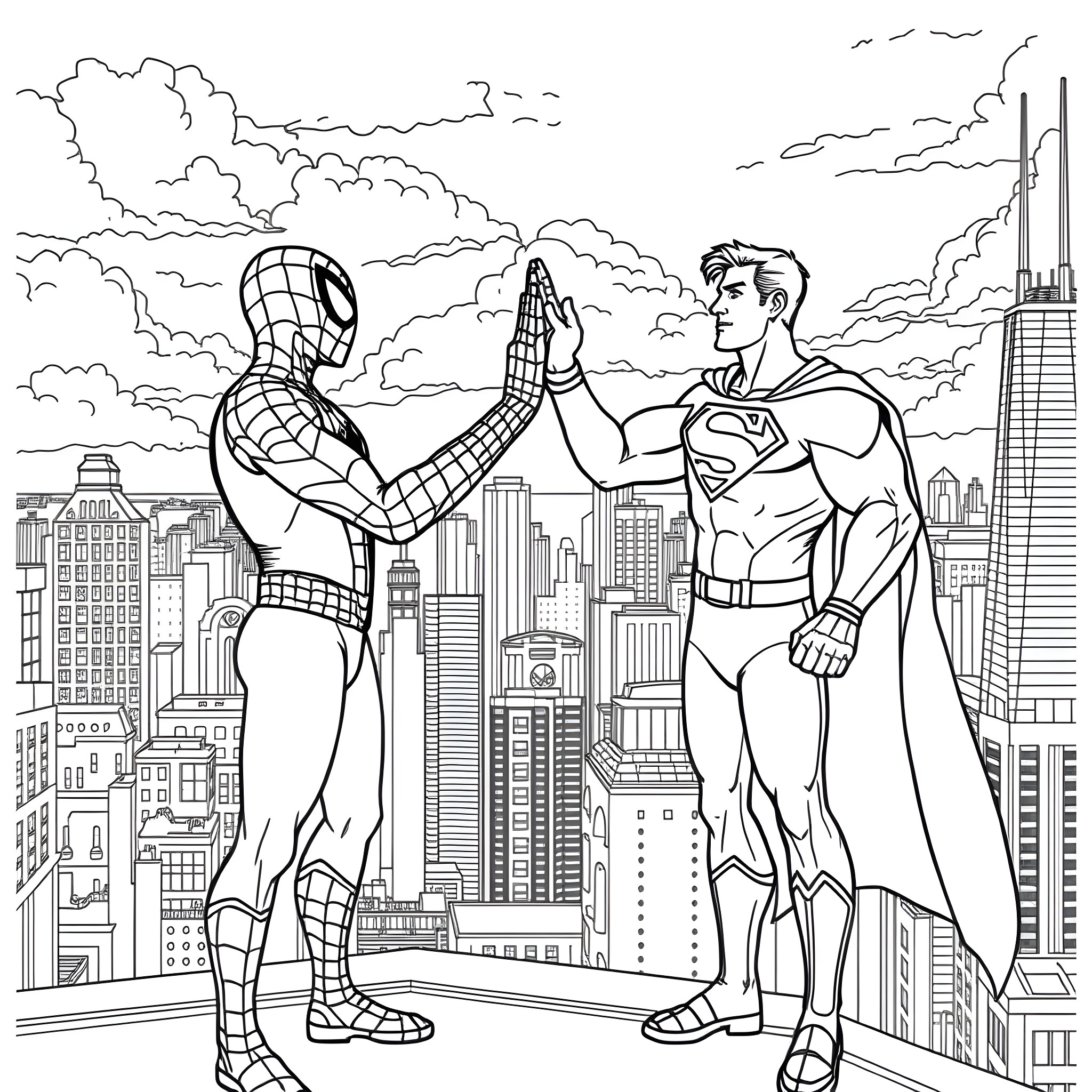Spider-Man and Superman shaking hands in the city Coloring Page (free black-and-white line drawing printable PDF for all, from beginners to advanced learners, including children, teens, adults, and seniors)