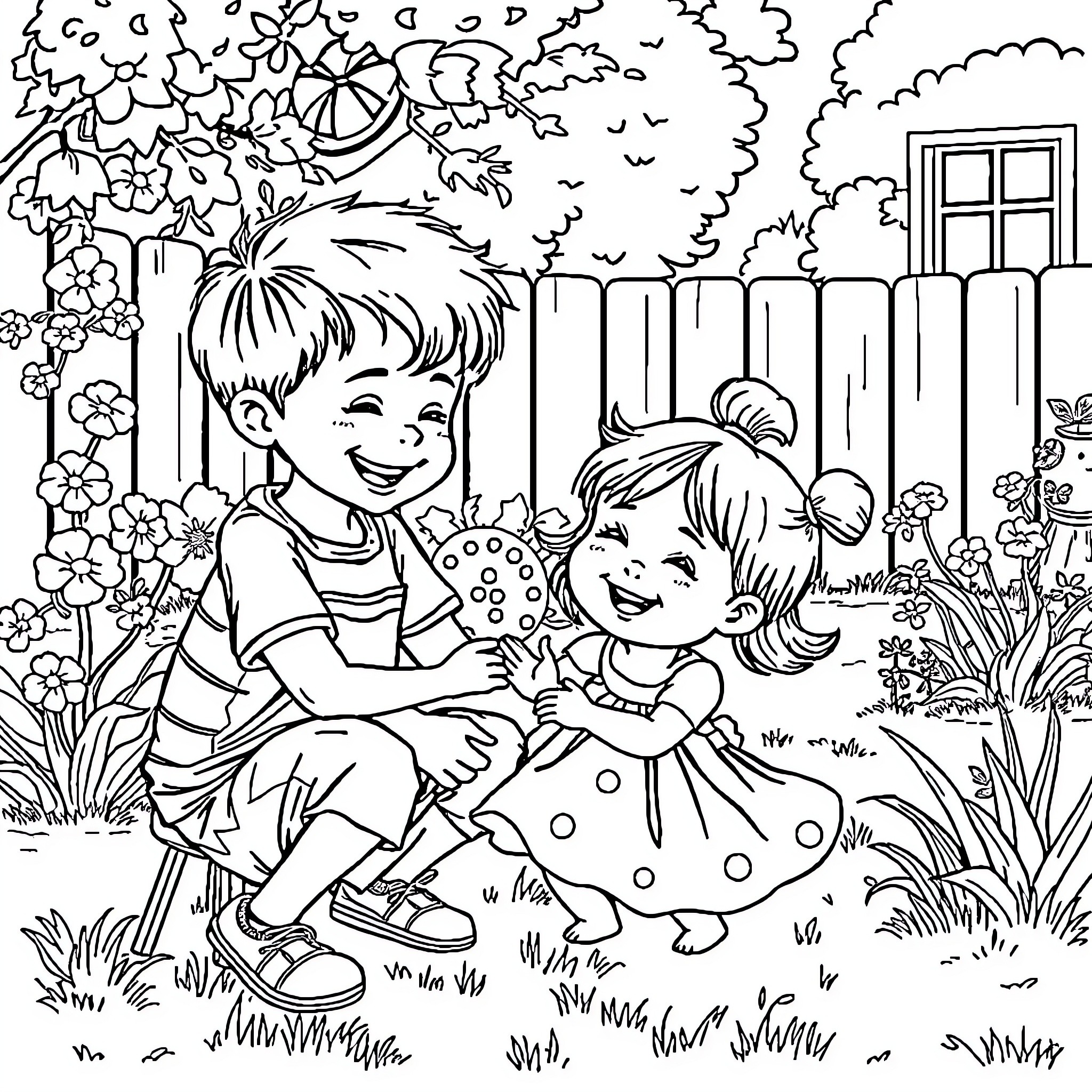 Boy and girl playing in the garden Coloring Page (free black-and-white line drawing printable PDF for all, from beginners to advanced learners, including children, teens, adults, and seniors)