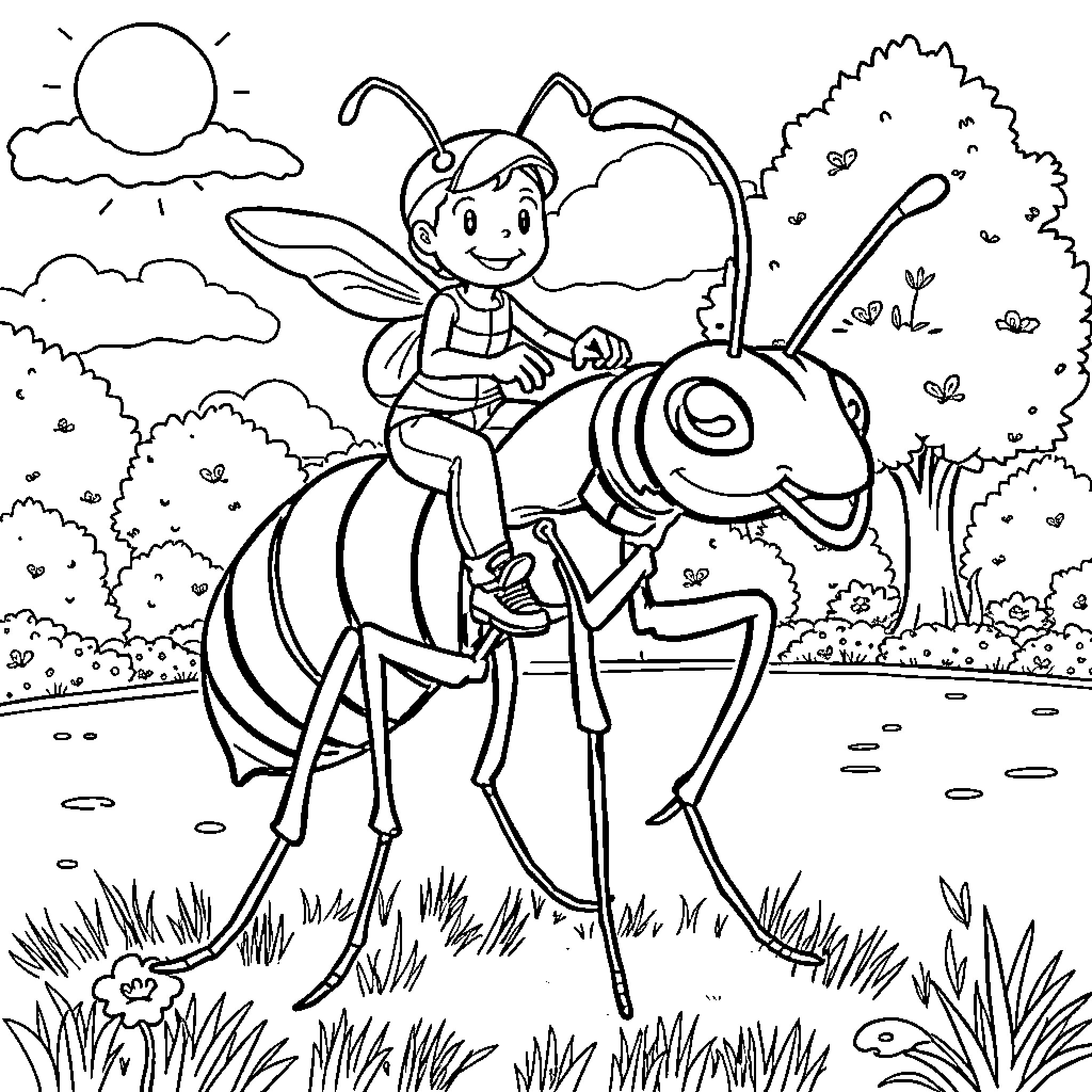 Antman riding a friendly giant insect in a natural setting Coloring Page (free black-and-white line drawing printable PDF for all, from beginners to advanced learners, including children, teens, adults, and seniors)