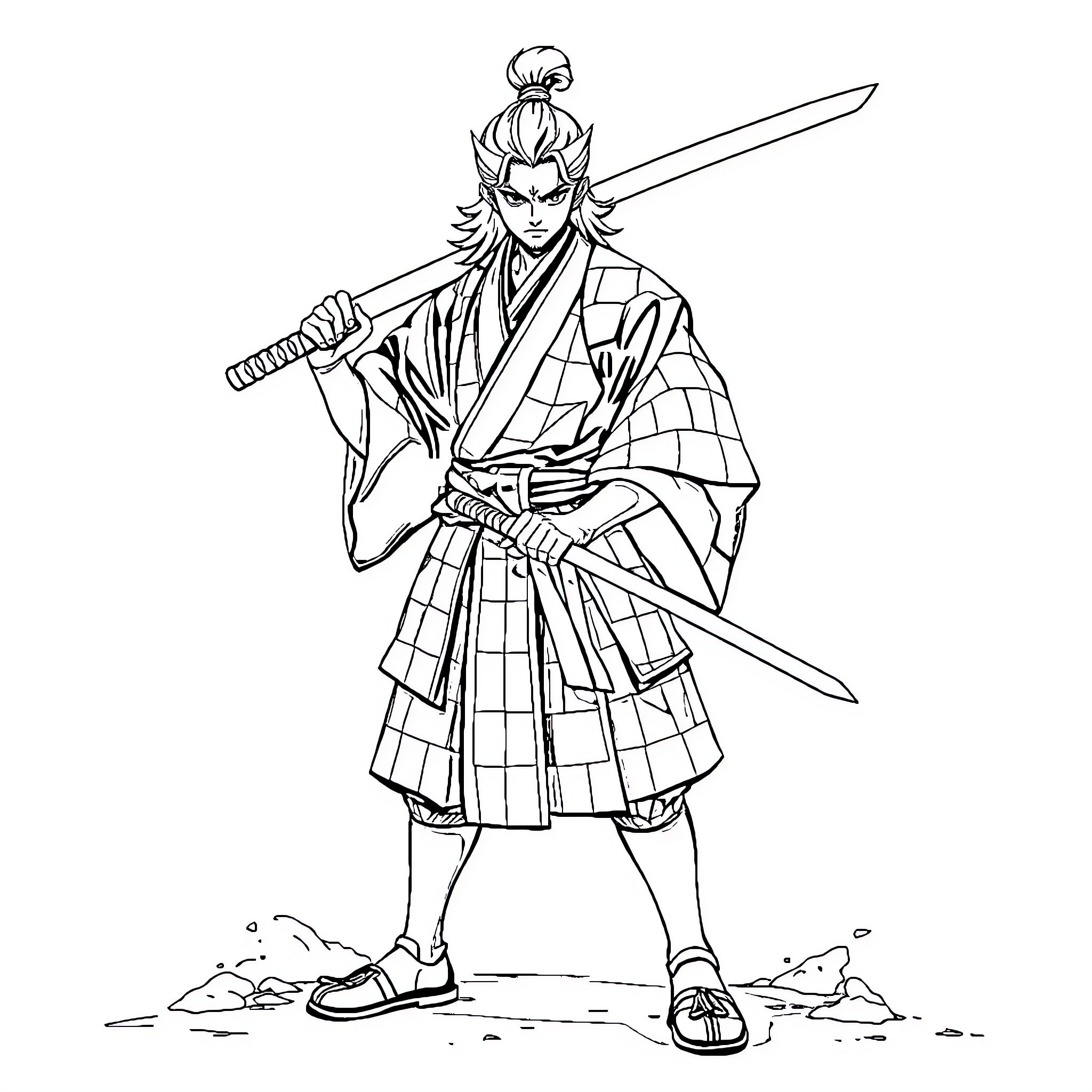 Tanjiro in Samurai Attire with Sword Coloring Page (free black-and-white line drawing printable PDF for all, from beginners to advanced learners, including children, teens, adults, and seniors)