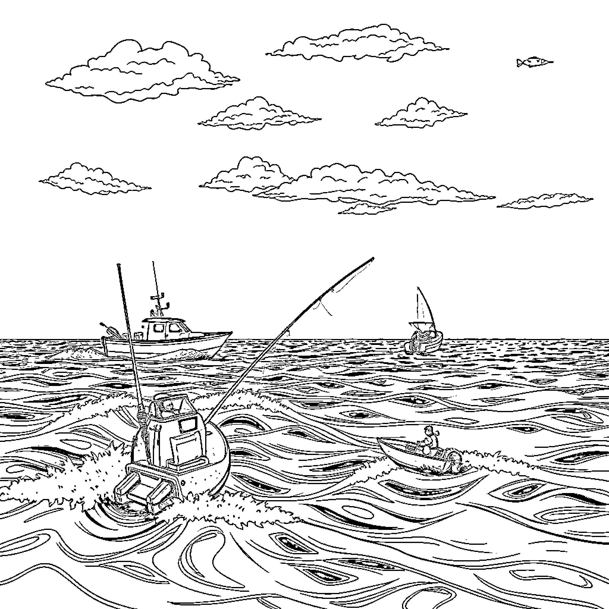 Fishing boats on the open sea Coloring Page (free black-and-white line drawing printable PDF for all, from beginners to advanced learners, including children, teens, adults, and seniors)