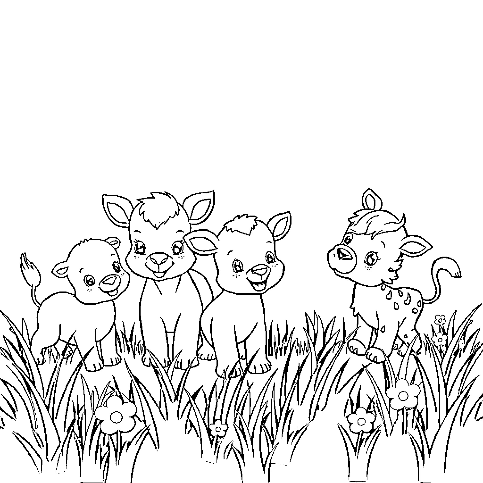 Baby Animals in Grassy Field Coloring Page (free black-and-white line drawing printable PDF for all, from beginners to advanced learners, including children, teens, adults, and seniors)