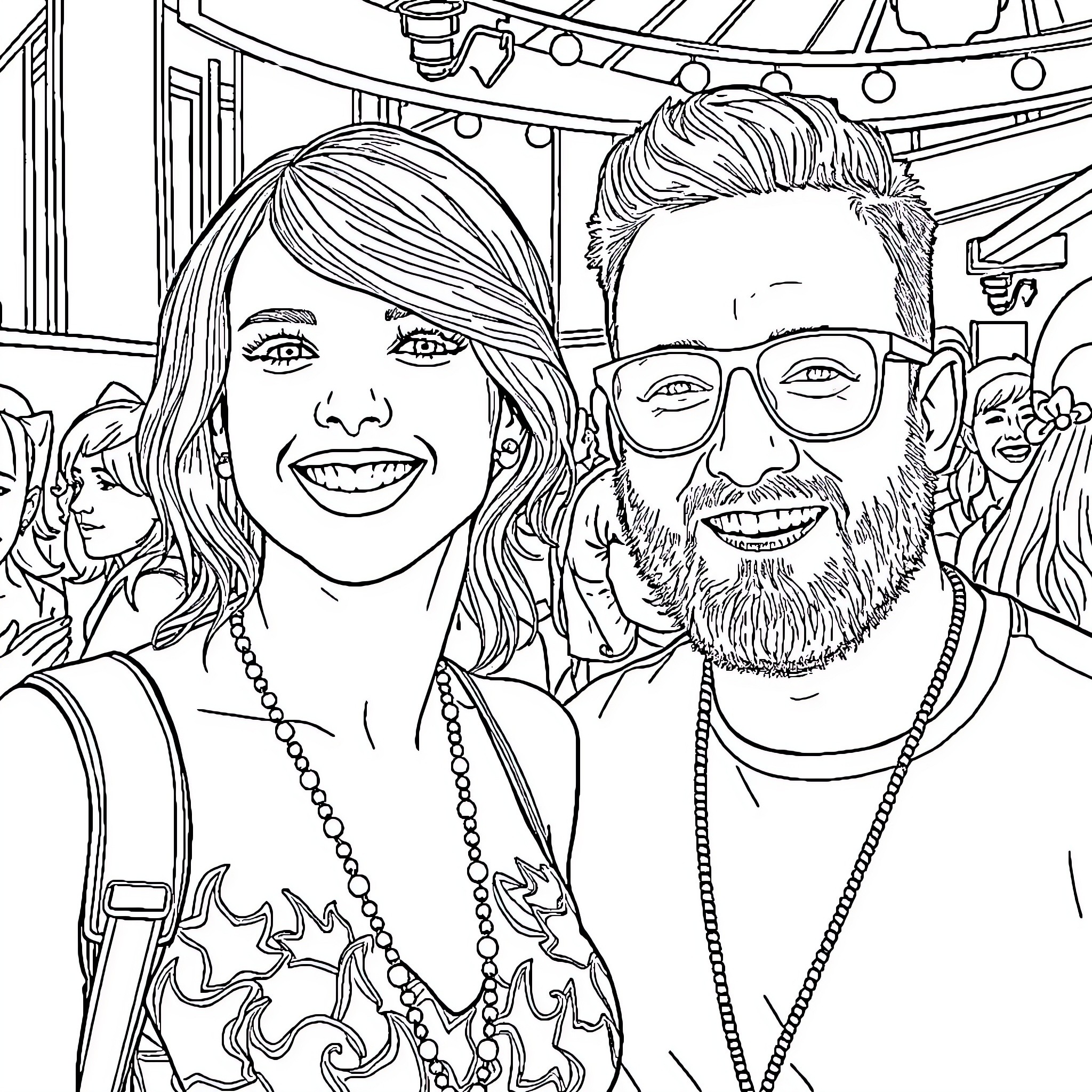 Taylor Swift and companion smiling happily at event Coloring Page (free black-and-white line drawing printable PDF for all, from beginners to advanced learners, including children, teens, adults, and seniors)