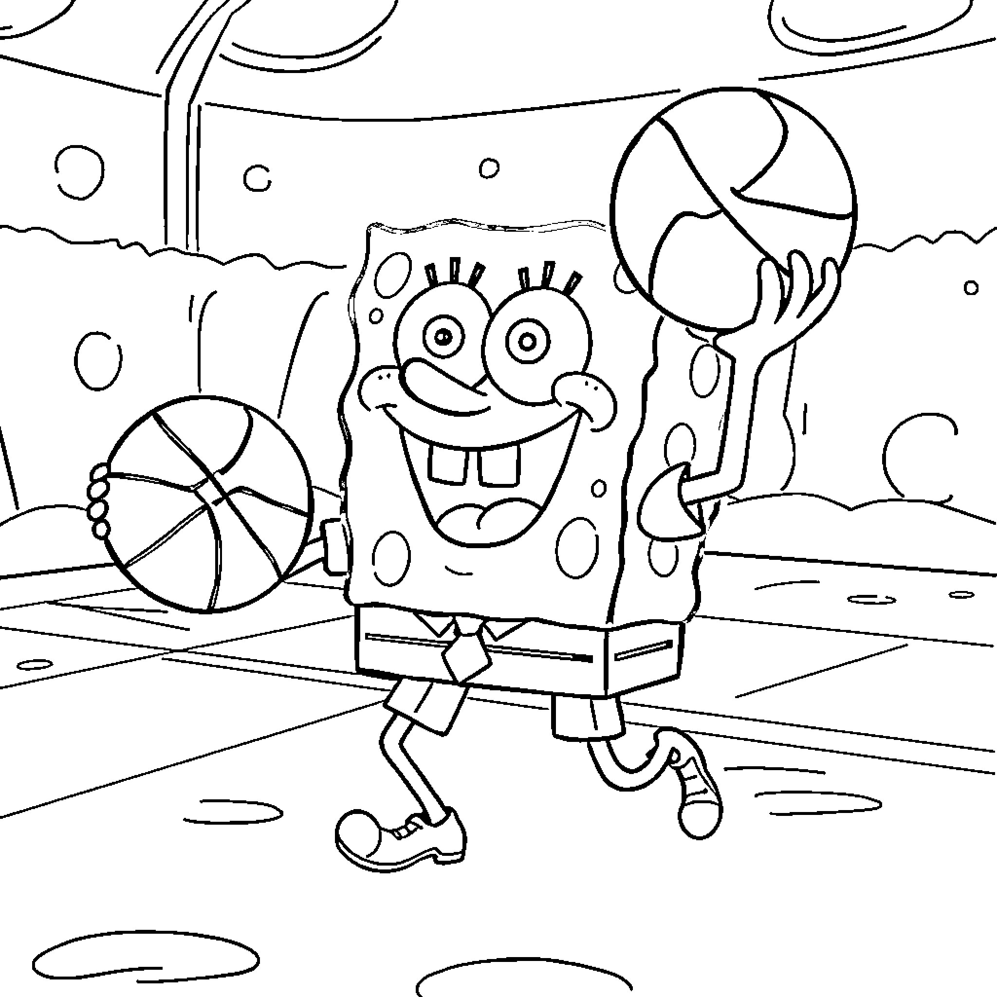 Spongebob playing joyfully with basketballs on the beach Coloring Page (free black-and-white line drawing printable PDF for all, from beginners to advanced learners, including children, teens, adults, and seniors)