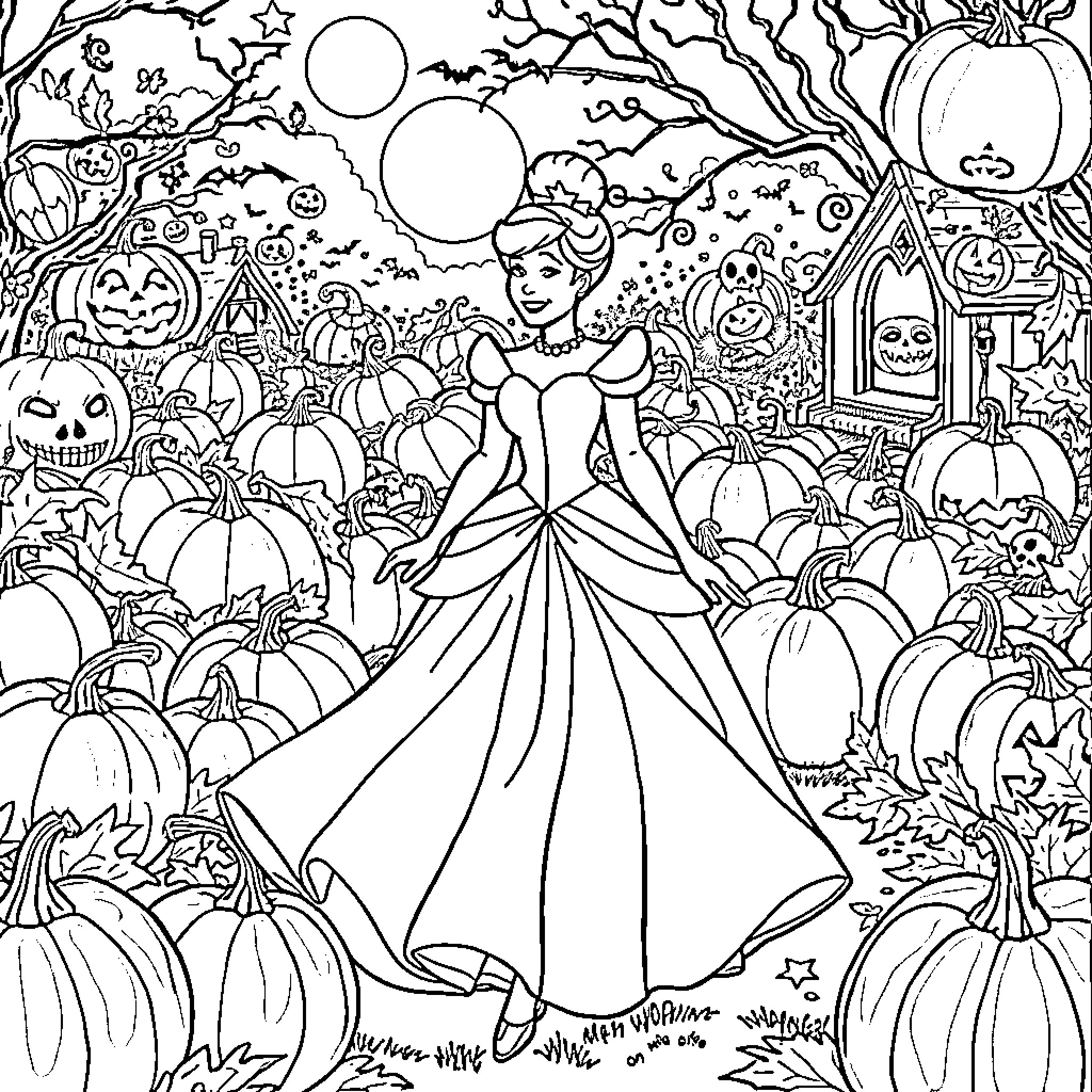 Cinderella's Spooky Enchanted Garden Coloring Page (free black-and-white line drawing printable PDF for all, from beginners to advanced learners, including children, teens, adults, and seniors)