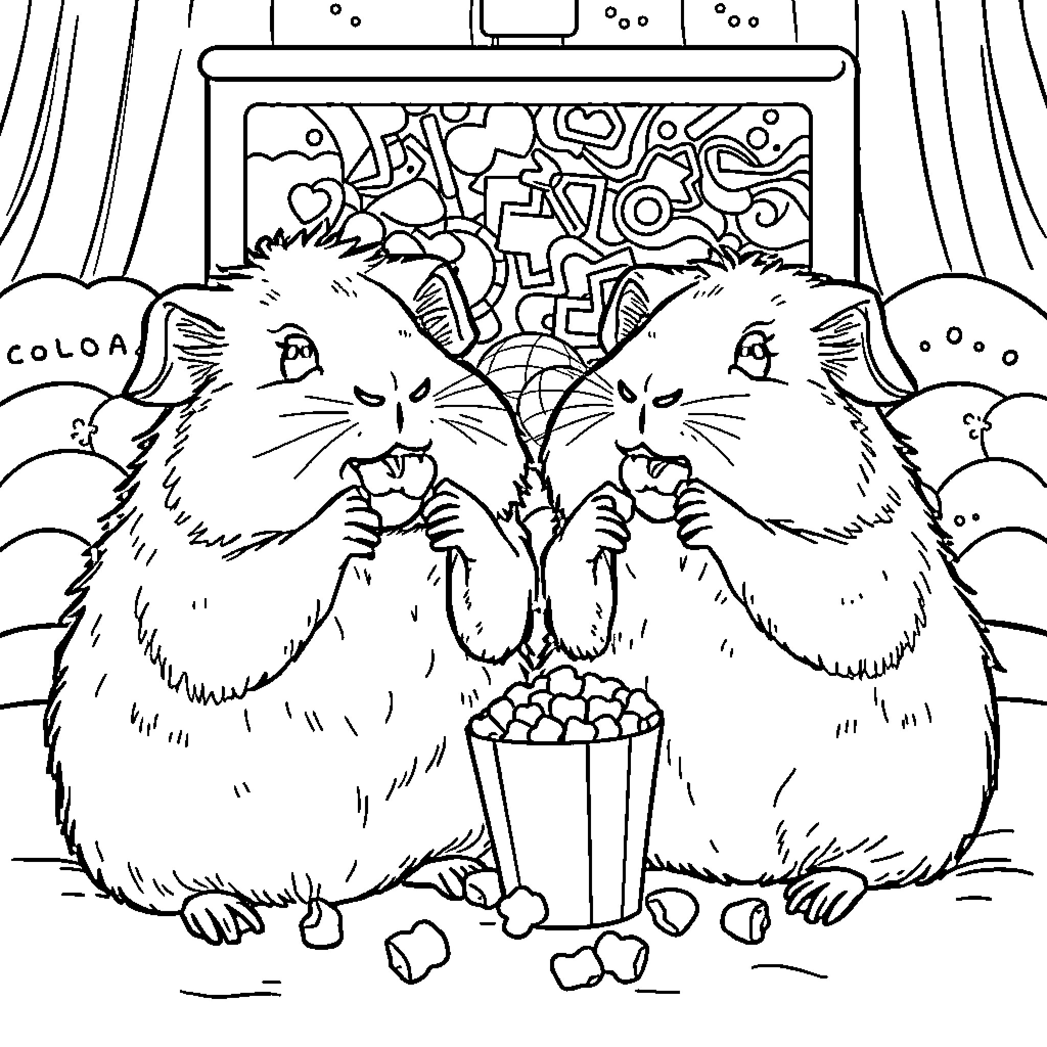 Guinea Pigs Enjoying a Movie Night Coloring Page (free black-and-white line drawing printable PDF for all, from beginners to advanced learners, including children, teens, adults, and seniors)