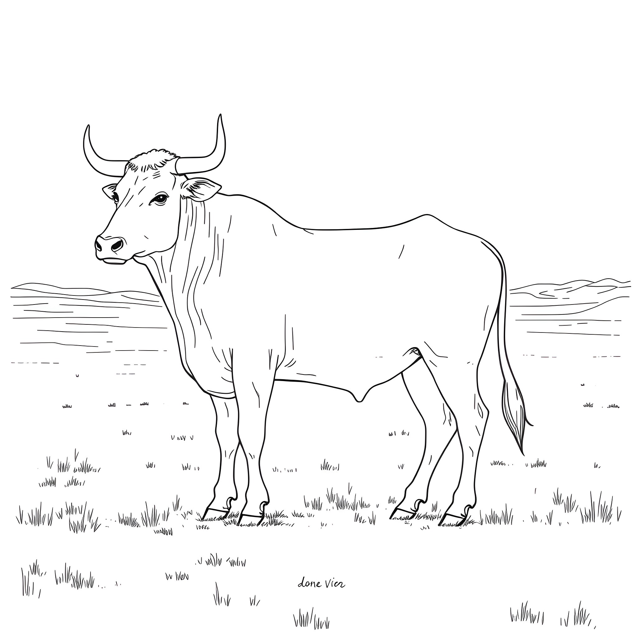 Bovinae exploring the countryside landscape Coloring Page (free black-and-white line drawing printable PDF for all, from beginners to advanced learners, including children, teens, adults, and seniors)