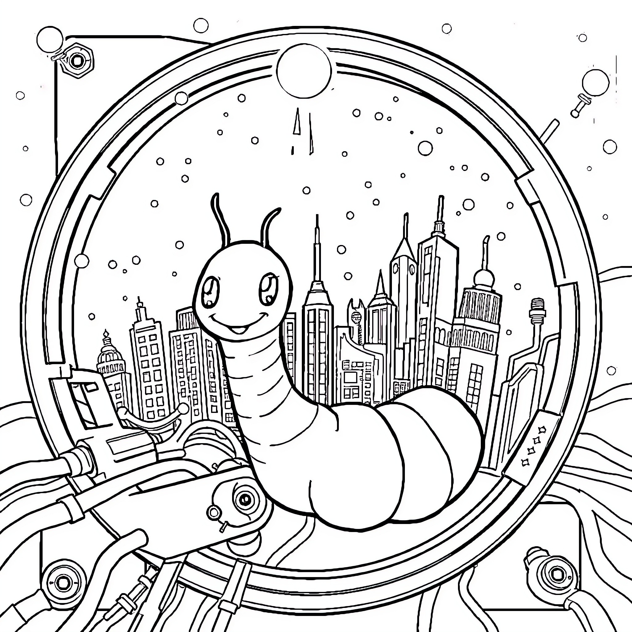 Worm exploring the vibrant city skyline Coloring Page (free black-and-white line drawing printable PDF for all, from beginners to advanced learners, including children, teens, adults, and seniors)