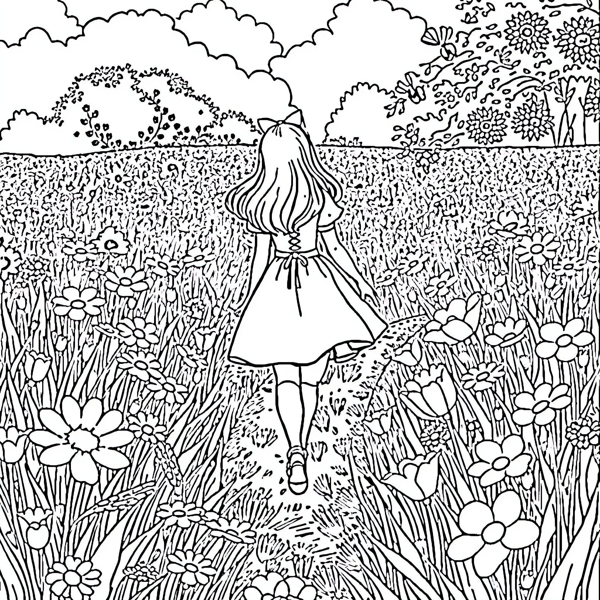 Alice's Enchanting Garden Adventure Coloring Page (free black-and-white line drawing printable PDF for all, from beginners to advanced learners, including children, teens, adults, and seniors)