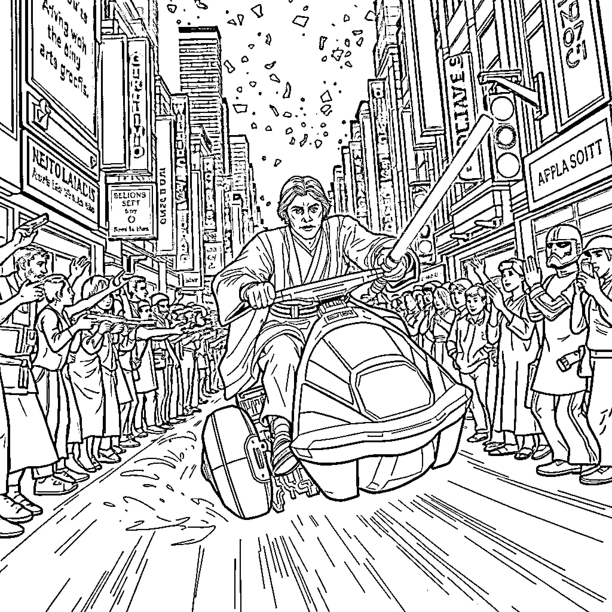 Obi-Wan Navigates the Bustling City Coloring Page (free black-and-white line drawing printable PDF for all, from beginners to advanced learners, including children, teens, adults, and seniors)