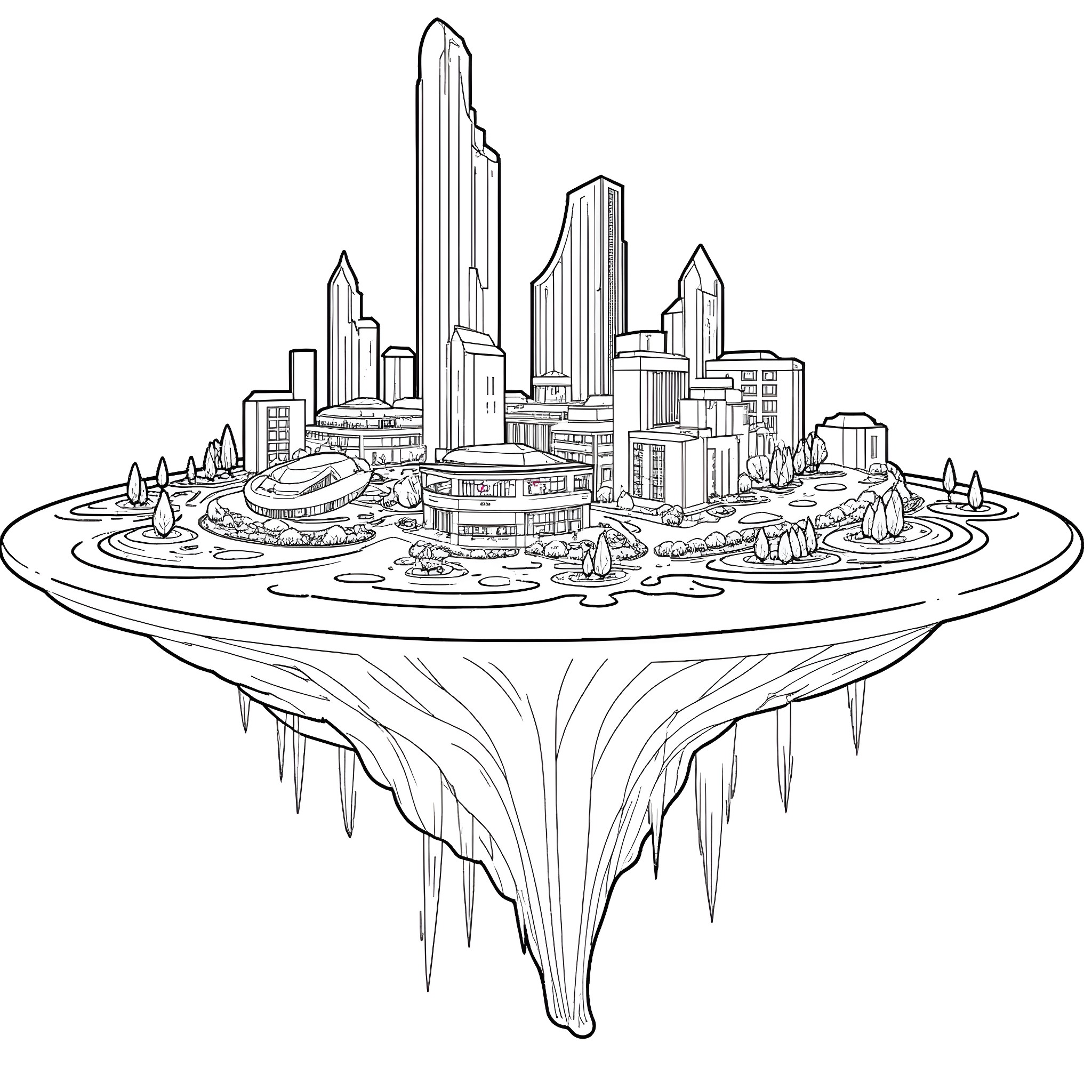 Building Floating City in the Sky Coloring Page (free black-and-white line drawing printable PDF for all, from beginners to advanced learners, including children, teens, adults, and seniors)