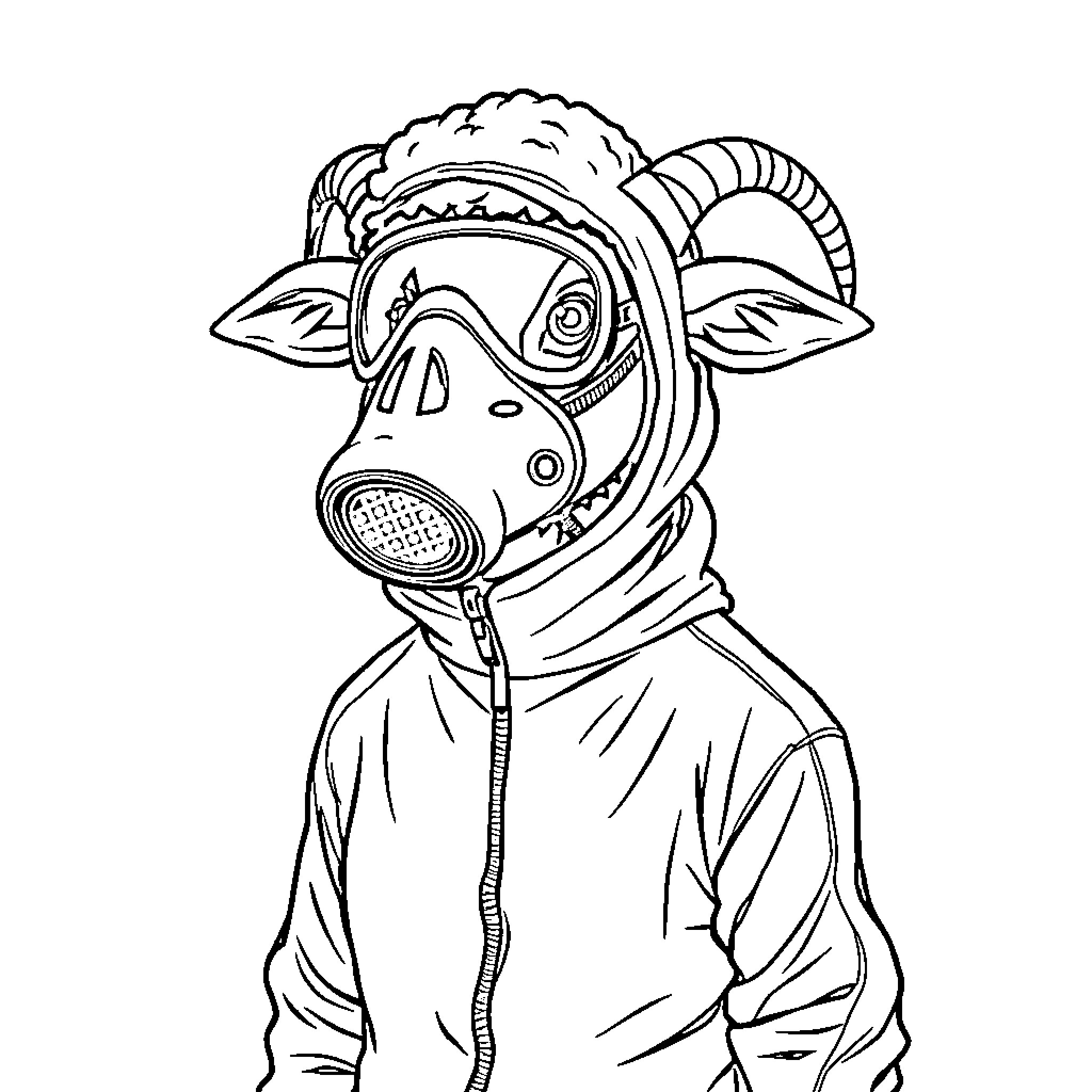 Sheep in Unusual Protective Gear Coloring Page (free black-and-white line drawing printable PDF for all, from beginners to advanced learners, including children, teens, adults, and seniors)