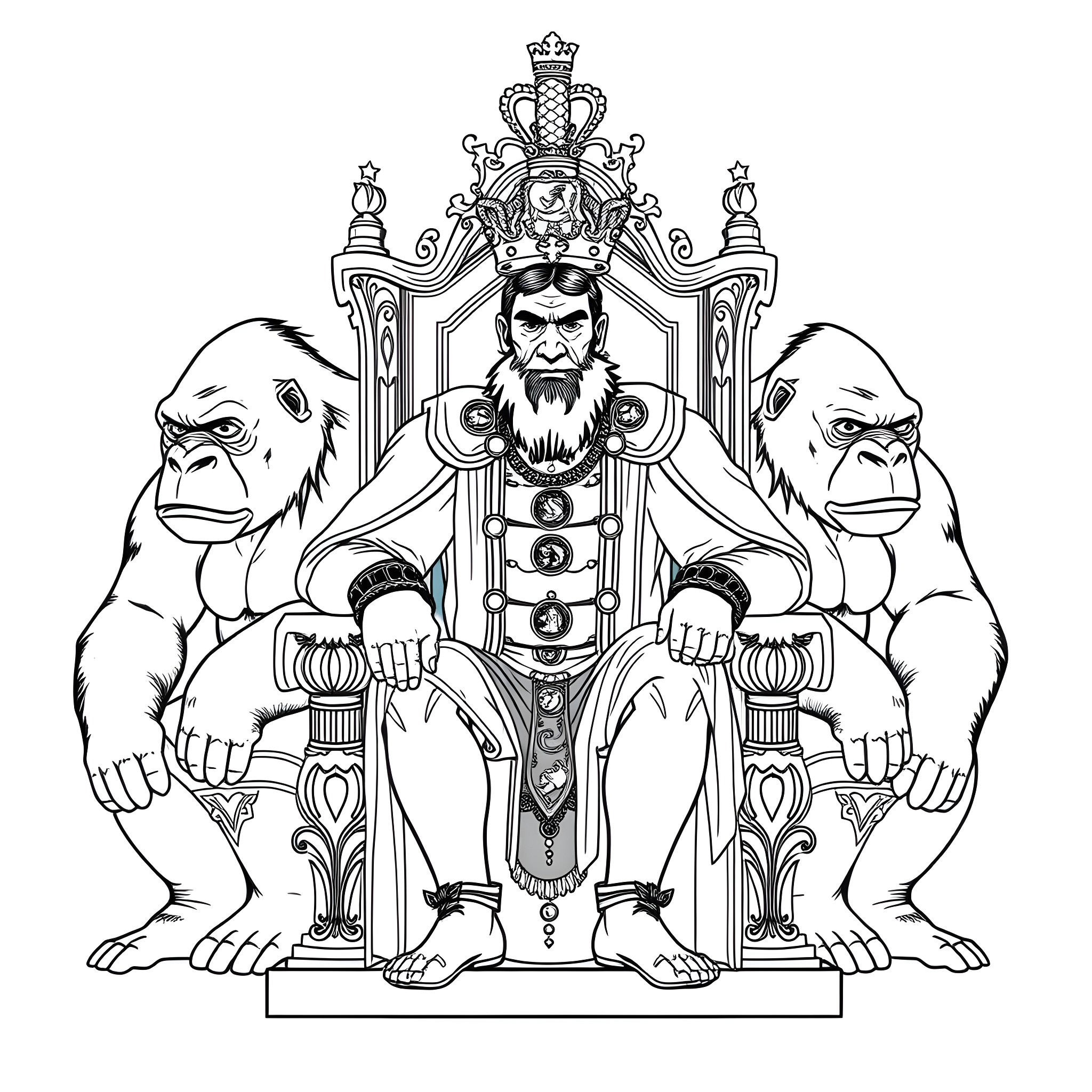 Henry VIII Enthroned with Symbolic Guardians Coloring Page (free black-and-white line drawing printable PDF for all, from beginners to advanced learners, including children, teens, adults, and seniors)
