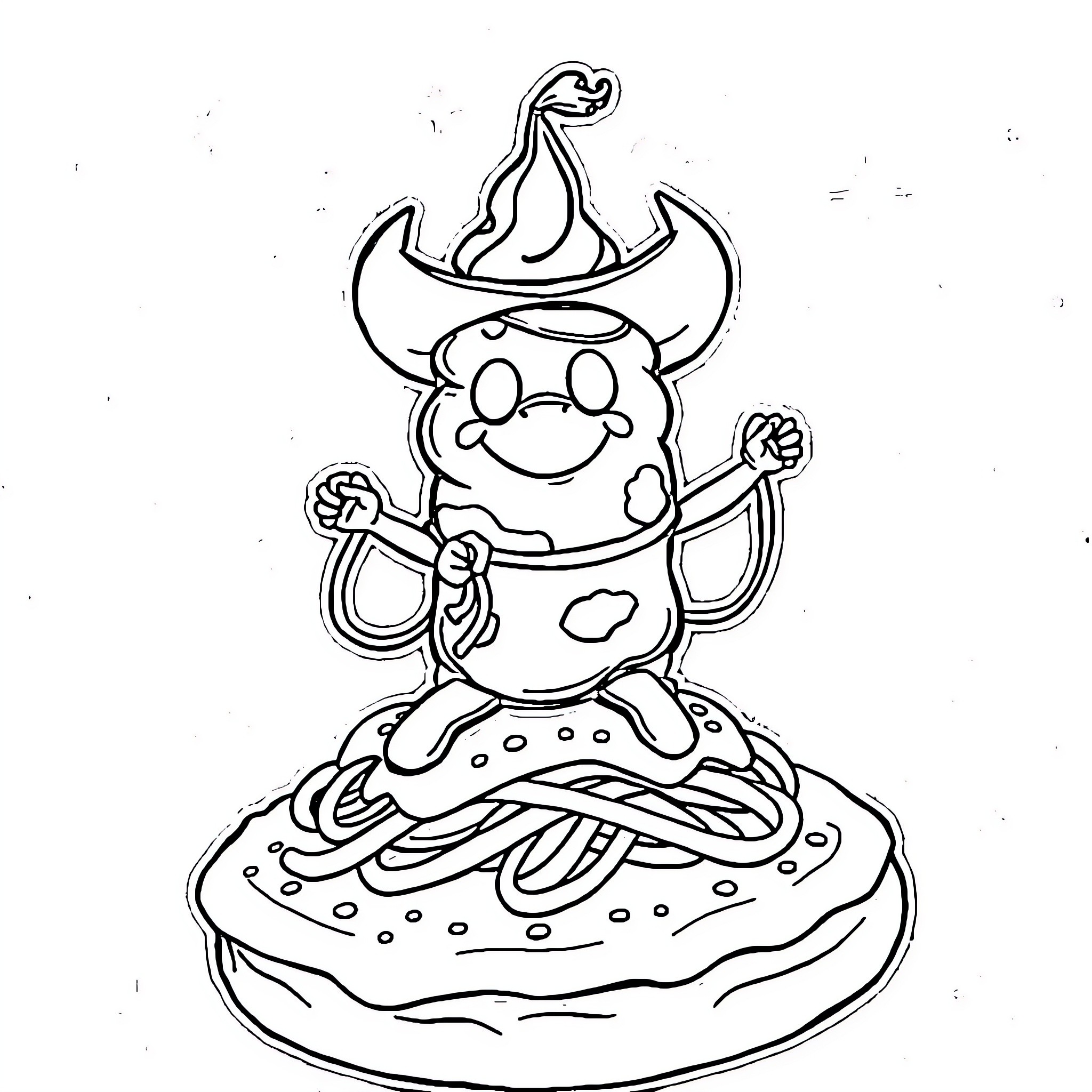Cowboy creature cooking on campfire Coloring Page (free black-and-white line drawing printable PDF for all, from beginners to advanced learners, including children, teens, adults, and seniors)