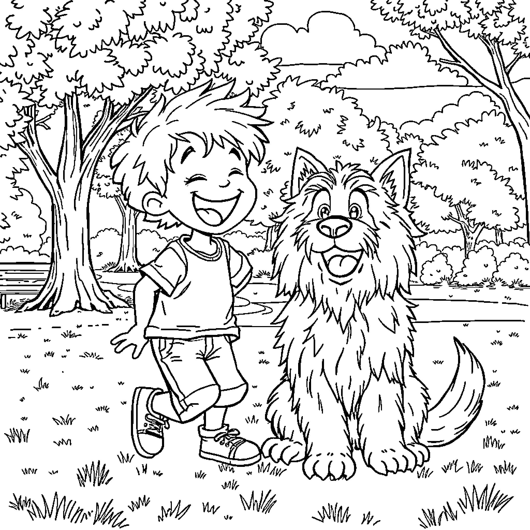 Boy playing happily with his furry companion in the woods Coloring Page (free black-and-white line drawing printable PDF for all, from beginners to advanced learners, including children, teens, adults, and seniors)