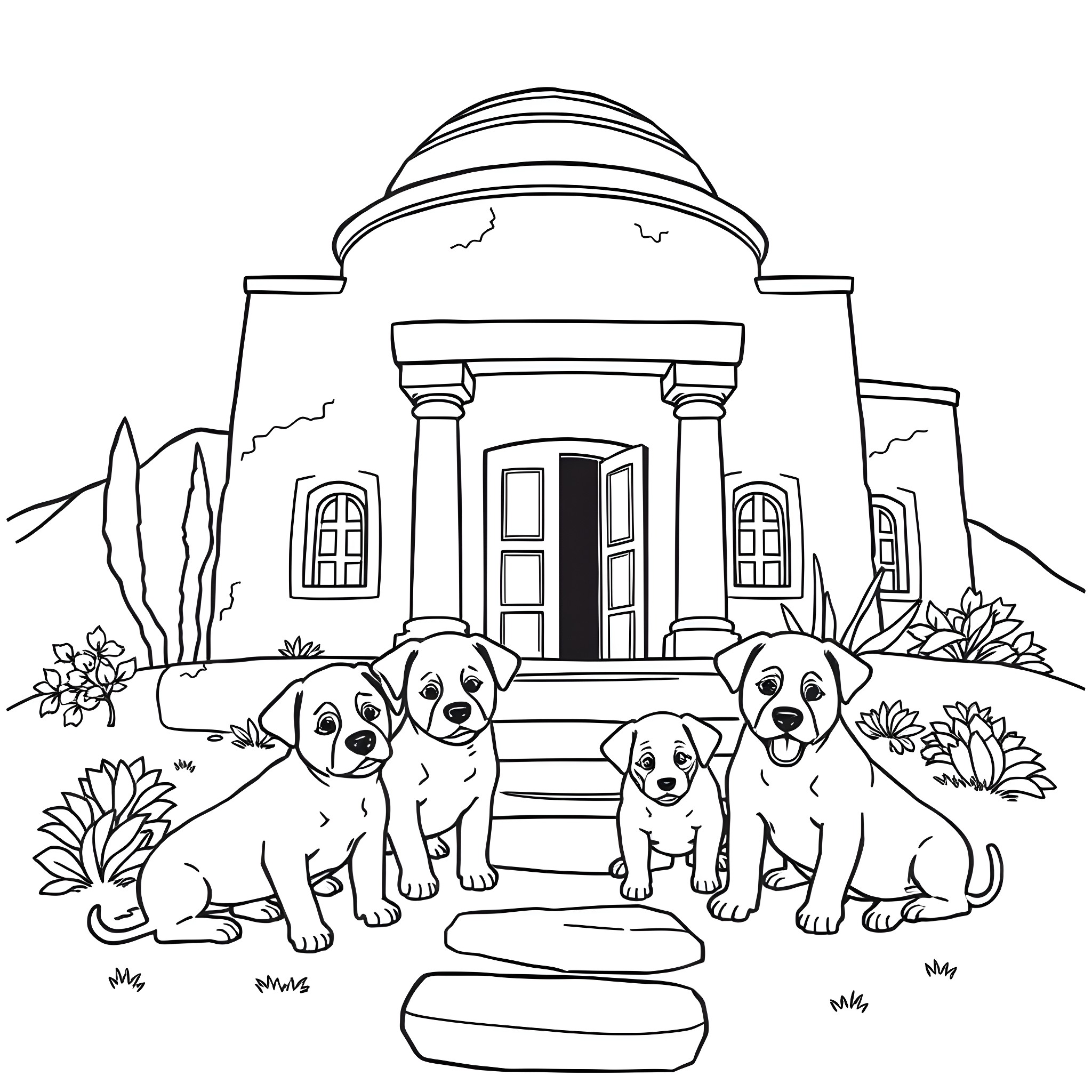 Puppy friends playing in front of a mansion Coloring Page (free black-and-white line drawing printable PDF for all, from beginners to advanced learners, including children, teens, adults, and seniors)