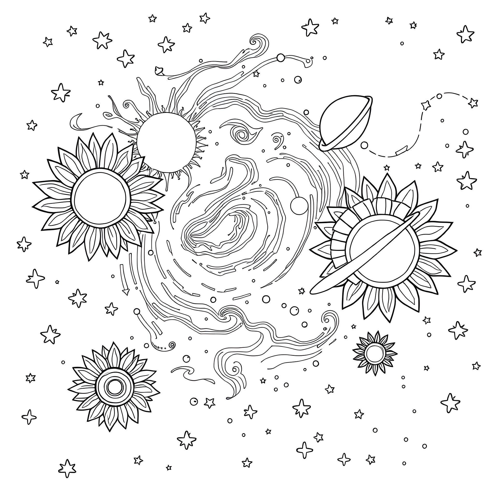Sunflower Celestial Cosmic Illustration Coloring Page (free black-and-white line drawing printable PDF for all, from beginners to advanced learners, including children, teens, adults, and seniors)
