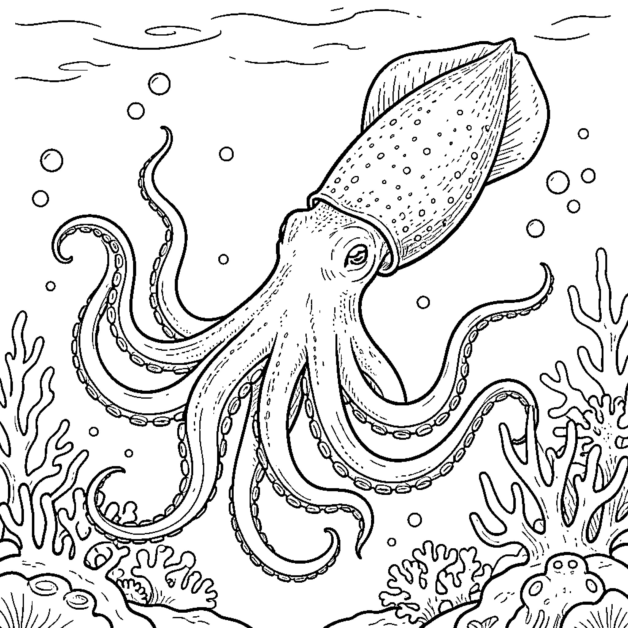 Shark-like creature swimming in the ocean Coloring Page (free black-and-white line drawing printable PDF for all, from beginners to advanced learners, including children, teens, adults, and seniors)
