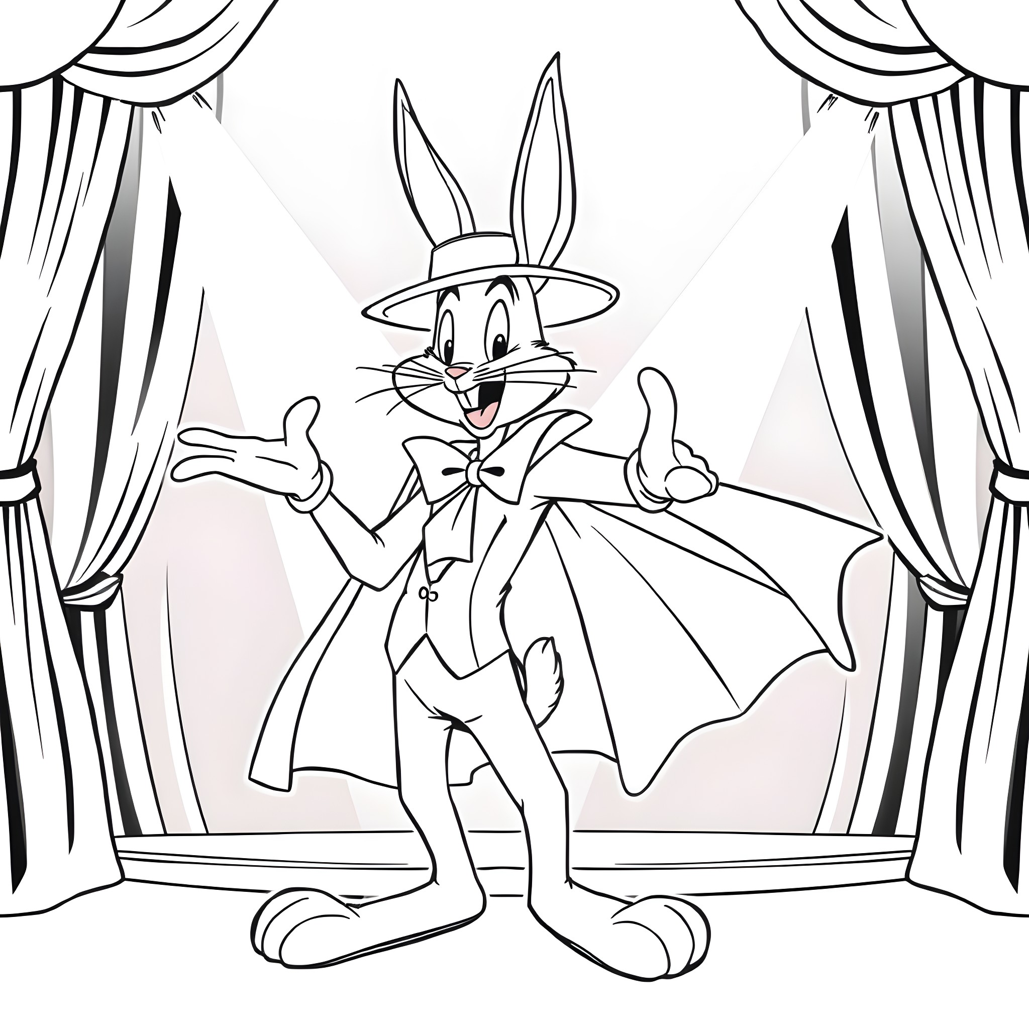 Bugs Bunny performing in a theatrical stage Coloring Page (free black-and-white line drawing printable PDF for all, from beginners to advanced learners, including children, teens, adults, and seniors)